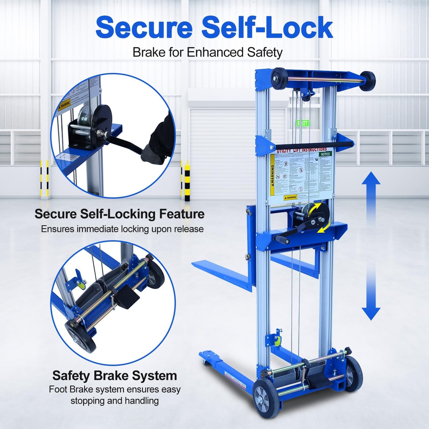 ELOMBR 122" 400lbs Material Lift Winch Stacker, Hand Winch Lift Truck with Fixed-Leg, Manual Material Lifter Pallet Stacker for Contractor, Workshop, Industrial, 34.60"L x 24.80"W