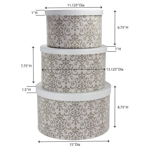 Household Essentials Round Hat Boxes with Lids, Vibrant Scallop Print with Faux Leather Lids, Poly-Cotton and Non-Woven PP Liner, Large, Medium and Small, Stackable and Nestable, Olive and Cream