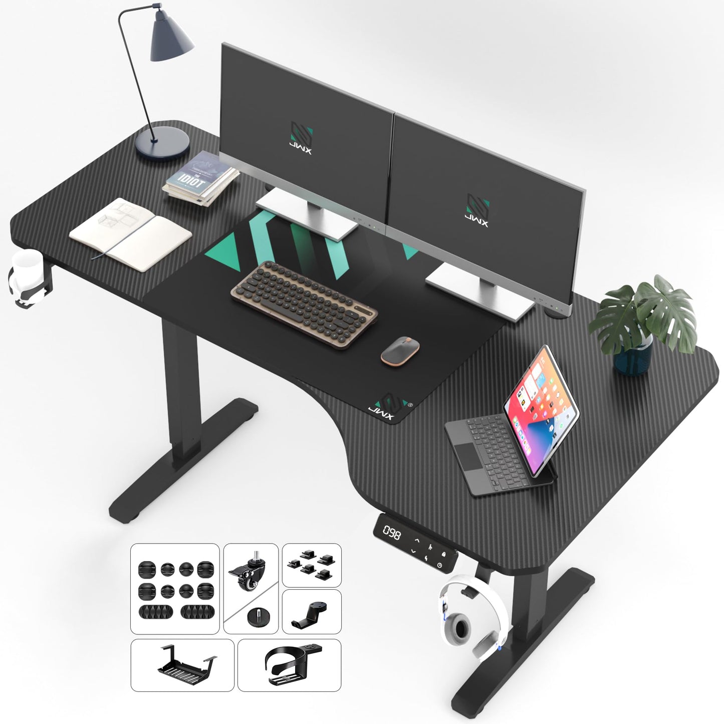 JWX Dual Motor L Shaped Standing Desk 63”, Electric Height Adjustable Gaming Desk with Memory Presets, Child Lock, Sit Stand Reminder, Carbon Fiber Desktop, Cable Management, Cup Holder