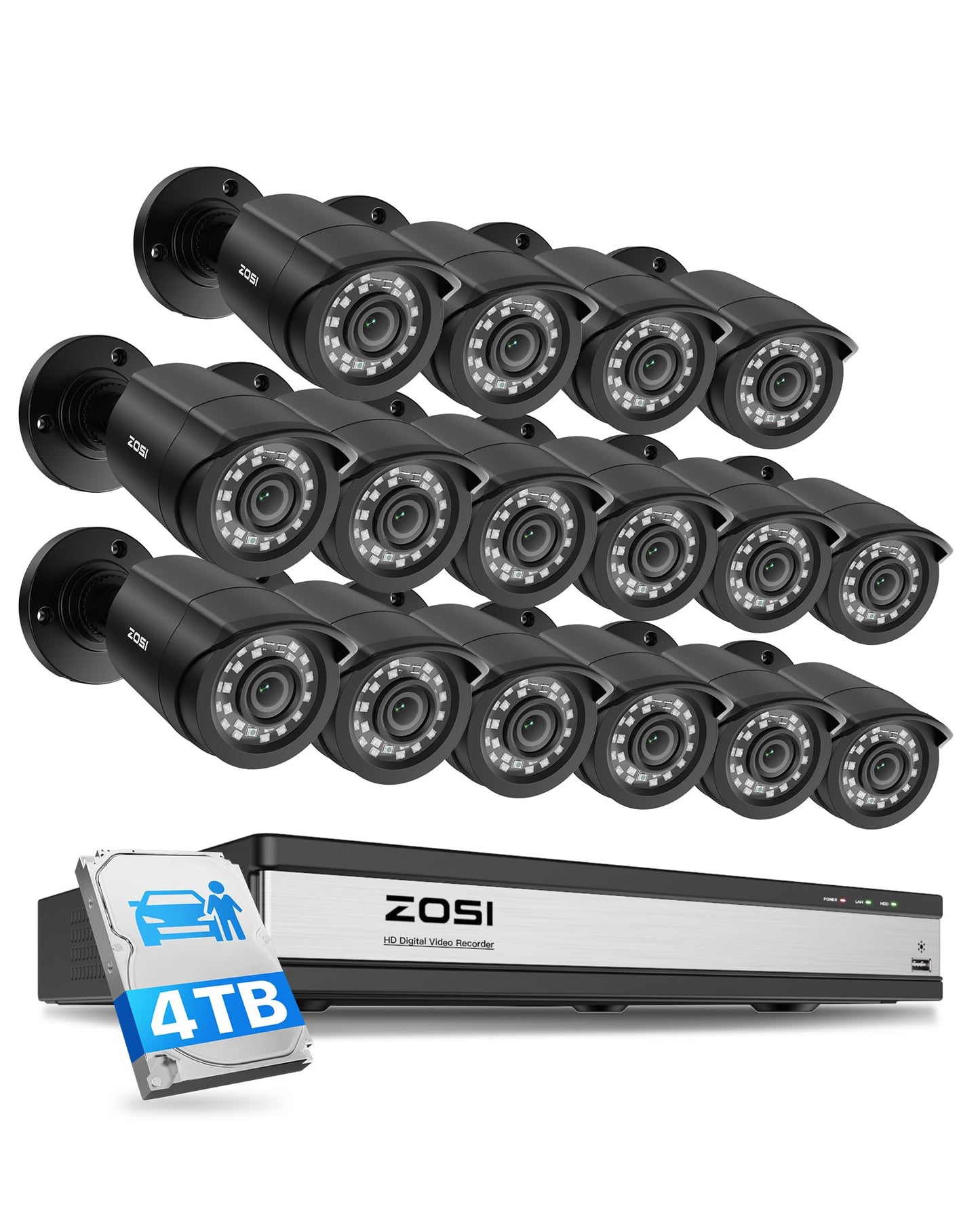 ZOSI 16 Channel Security Camera System with 4TB Hard Drive, 16 x 1080P Indoor Outdoor Wired Cameras, AI Person Vehicle Detection, Night Vision, 16CH DVR for Business 24/7 Recording, No Monthly Fee