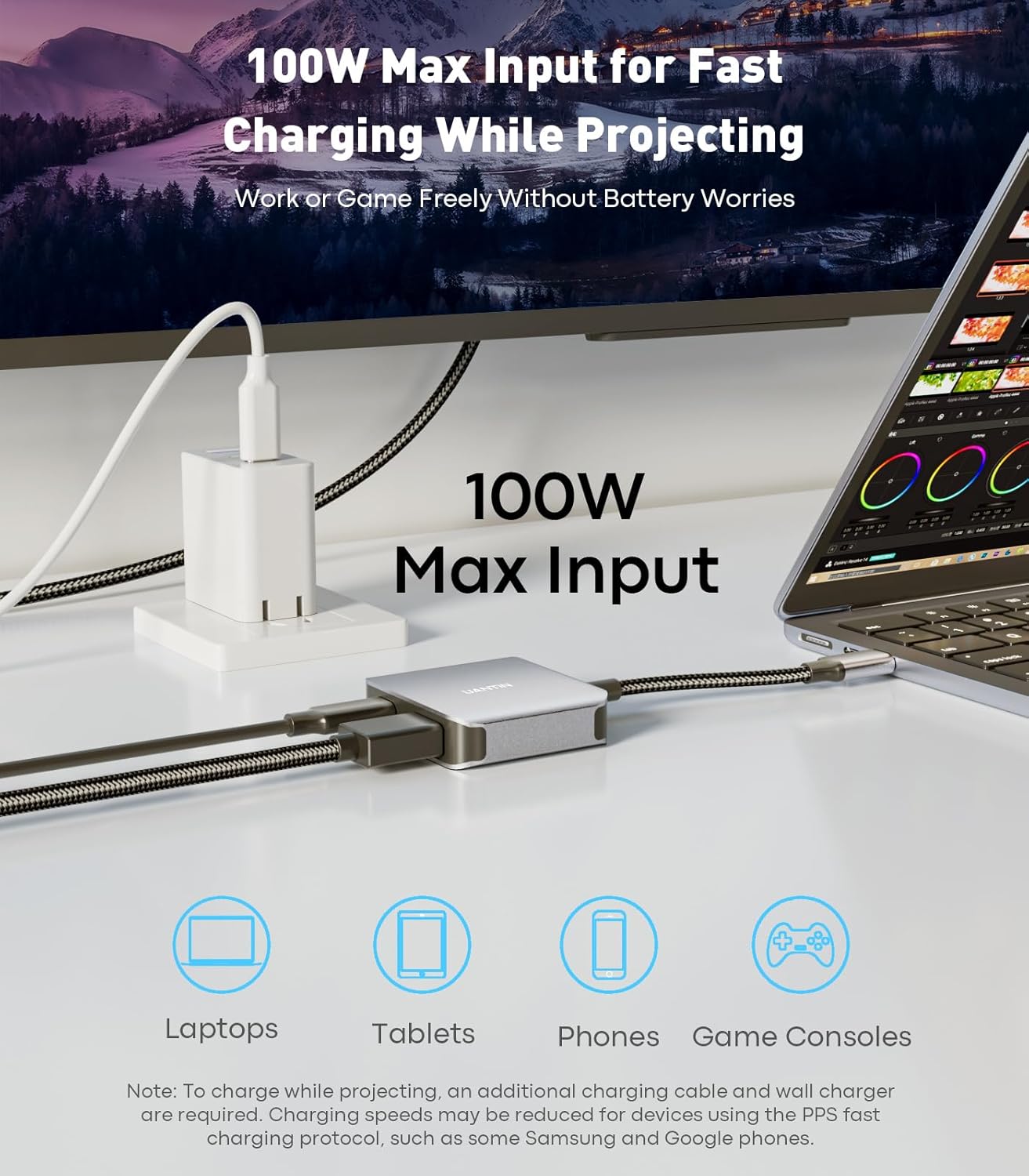 UANTIN 2.1 100W [8K, 4K@120Hz/60Hz 48Gbps 15/16, 1/2, USB C to HDMI Adapter with USBC Charging Port, Supports HDR]