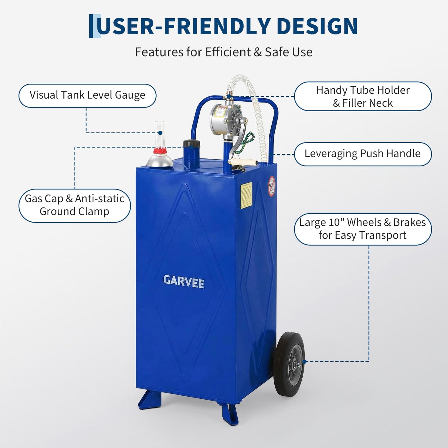30 Gallon Fuel Gas Caddy Storage Tank, Portable Gas Caddy with Wheels, Manual Rotary Transfer Pump, Fuel Hose, Wide Fill Opening, Vent and Level Gauge, Mobile Gasoline Diesel Transfer Tank for ATV, Mower, Tractor, Car, Boat