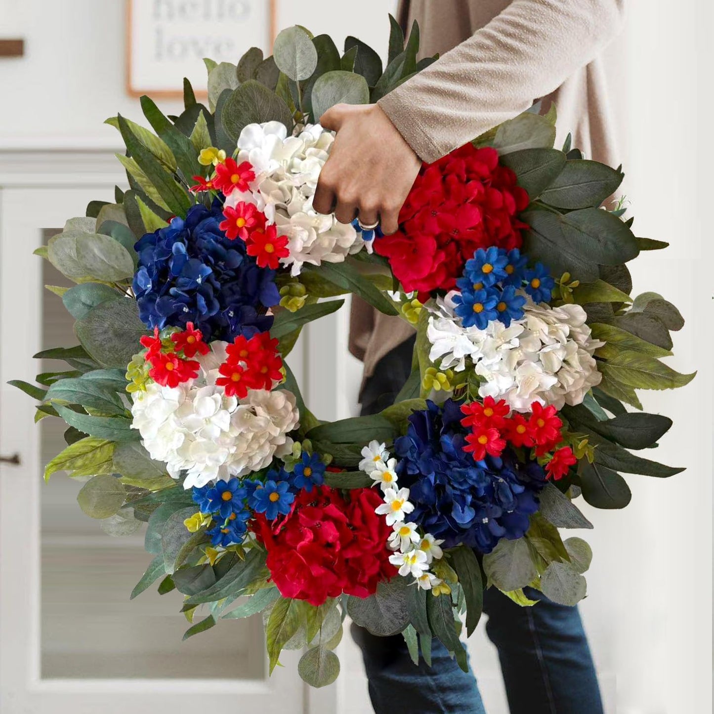 WANNA-CUL Patriotic 24-Inch Hydrangea Wreath - Red, White & Blue 4th of July Decor for Indoors & Outdoors