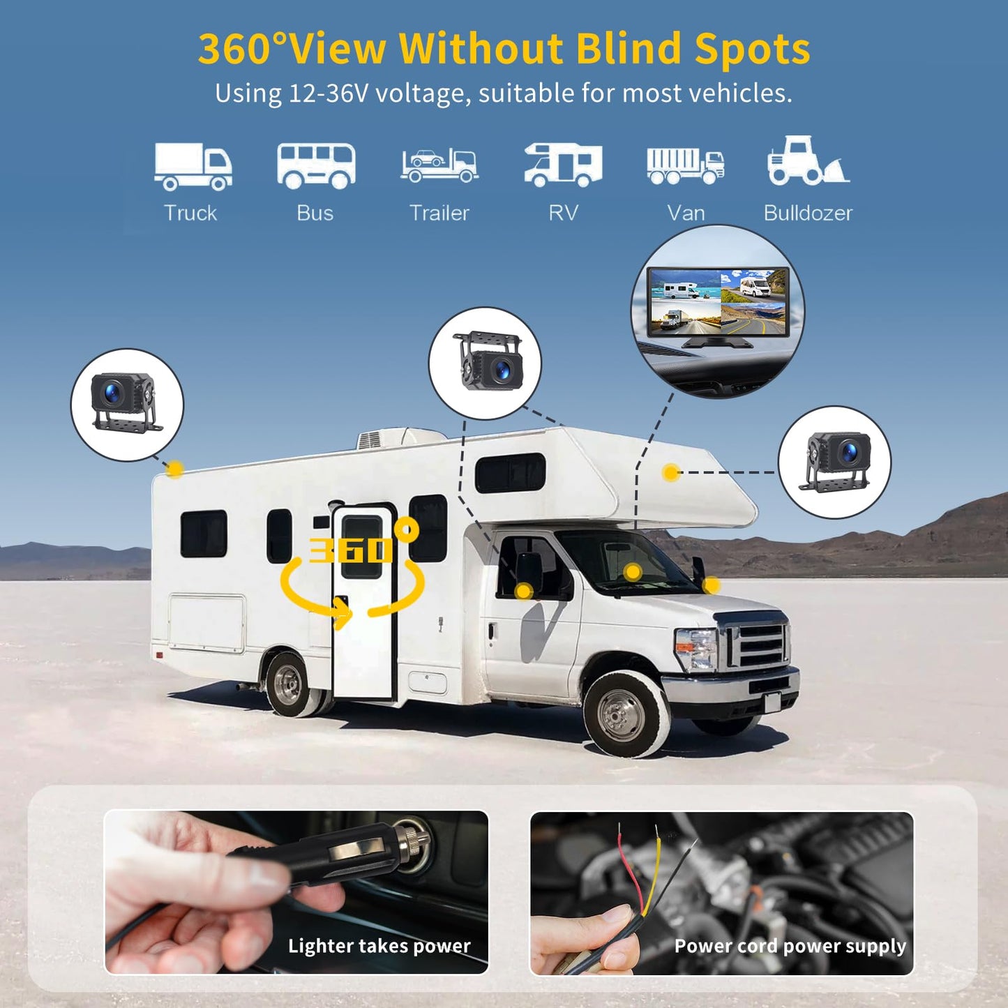 Semi Truck Camera System with Apple Carplay & Andriod Auto,Dash Cam for Semi Truck with 4-Channel 1080P RV Camera System,10.36" IPS Touchscreen, 360° All-Round Recording, 24H Parking Monitoring