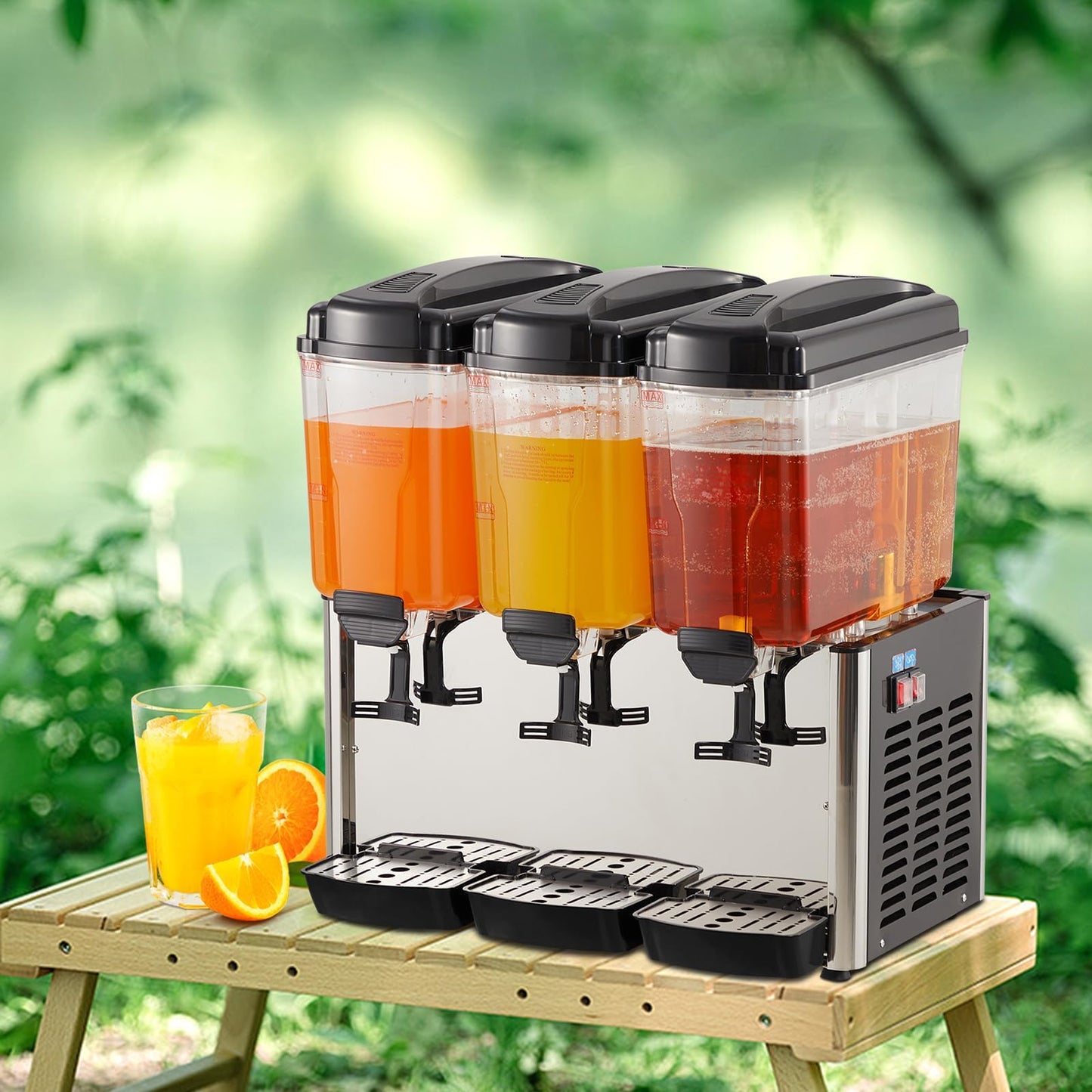 EliteEdge Stainless Steel Commercial Beverage Dispenser with Thermostat Control, 3-Tank 9.6 Gallon Capacity for Lemonade, Coffee, and Cold Drinks, Suitable for Home or Hospitality Use
