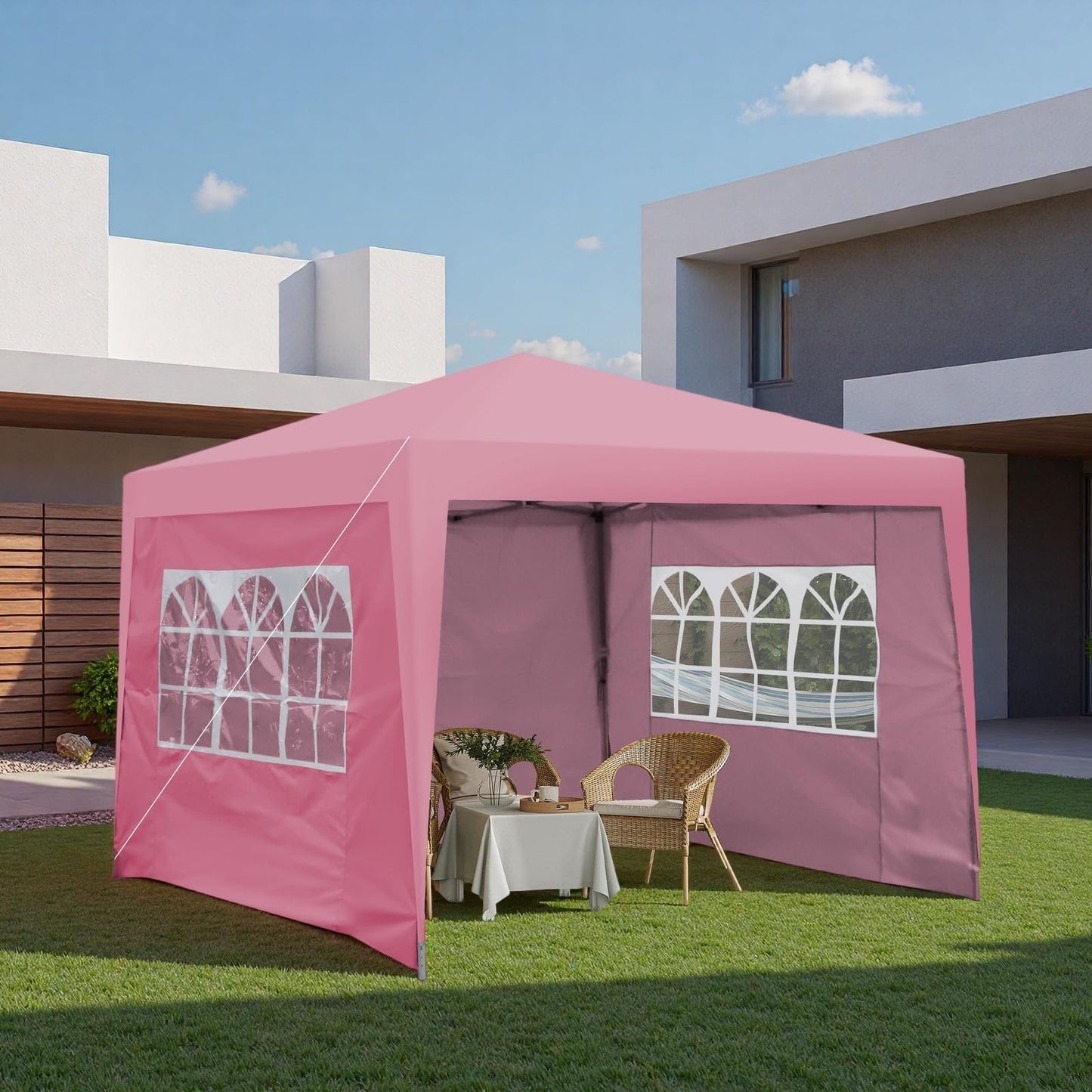 Trygoal 10x10FT Canopy Tent, Outdoor Gazebo Pop up Canopy with 4 Removable Sidewalls & 2 Windows, Patio Camping Shade Canopy with 4 PCS Weight Sand Bag & Carry Bag, Ideal for Parties Events, Pink