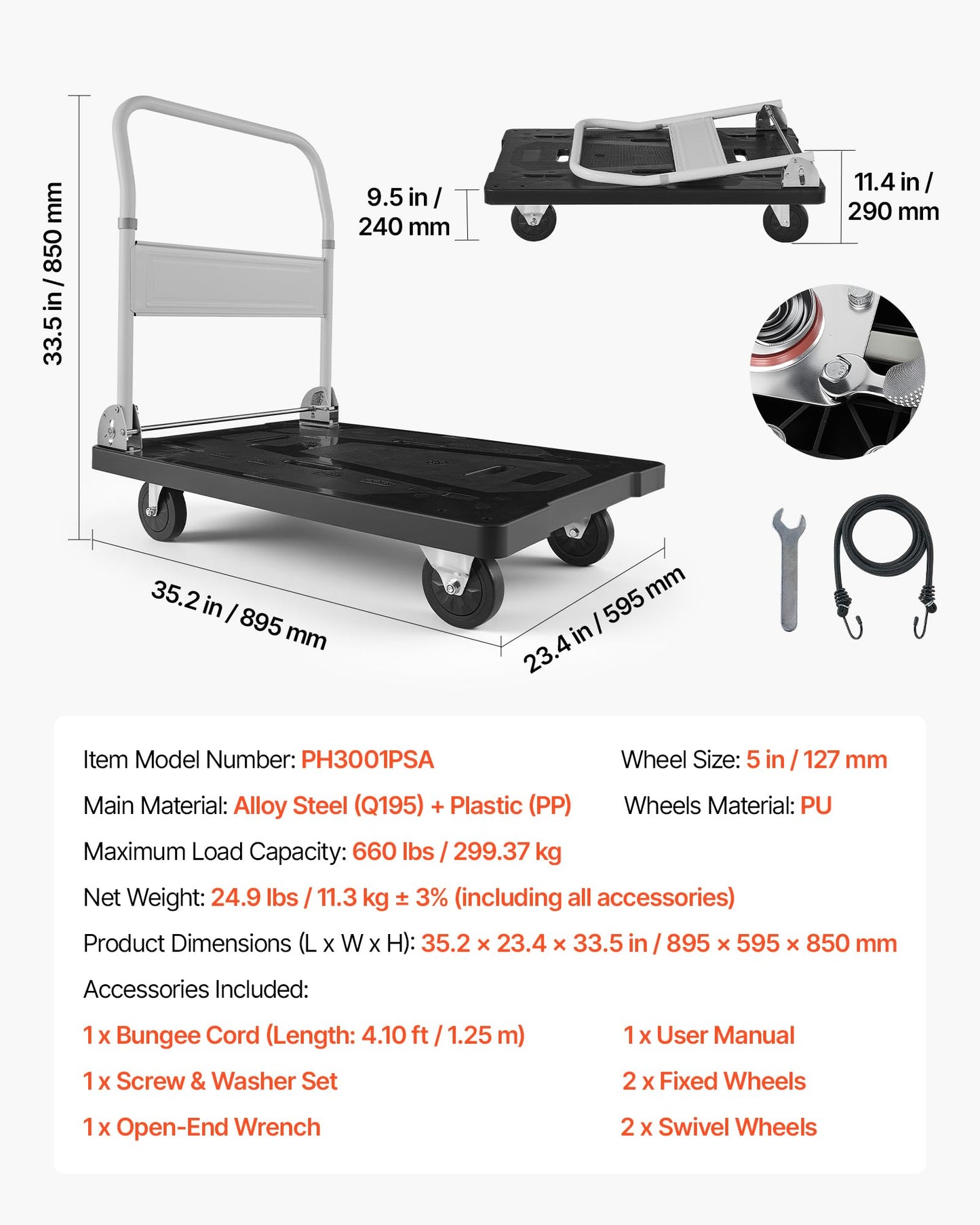 VEVOR Foldable Push Cart Dolly, 660 lbs Capacity, Folding Platform Truck with Swivel Wheels, Moving Platform Hand Truck Flatbed Cart, Space Saving Push Handle, for Easy Storage, 35.2 x 23.4 x 33.5 in