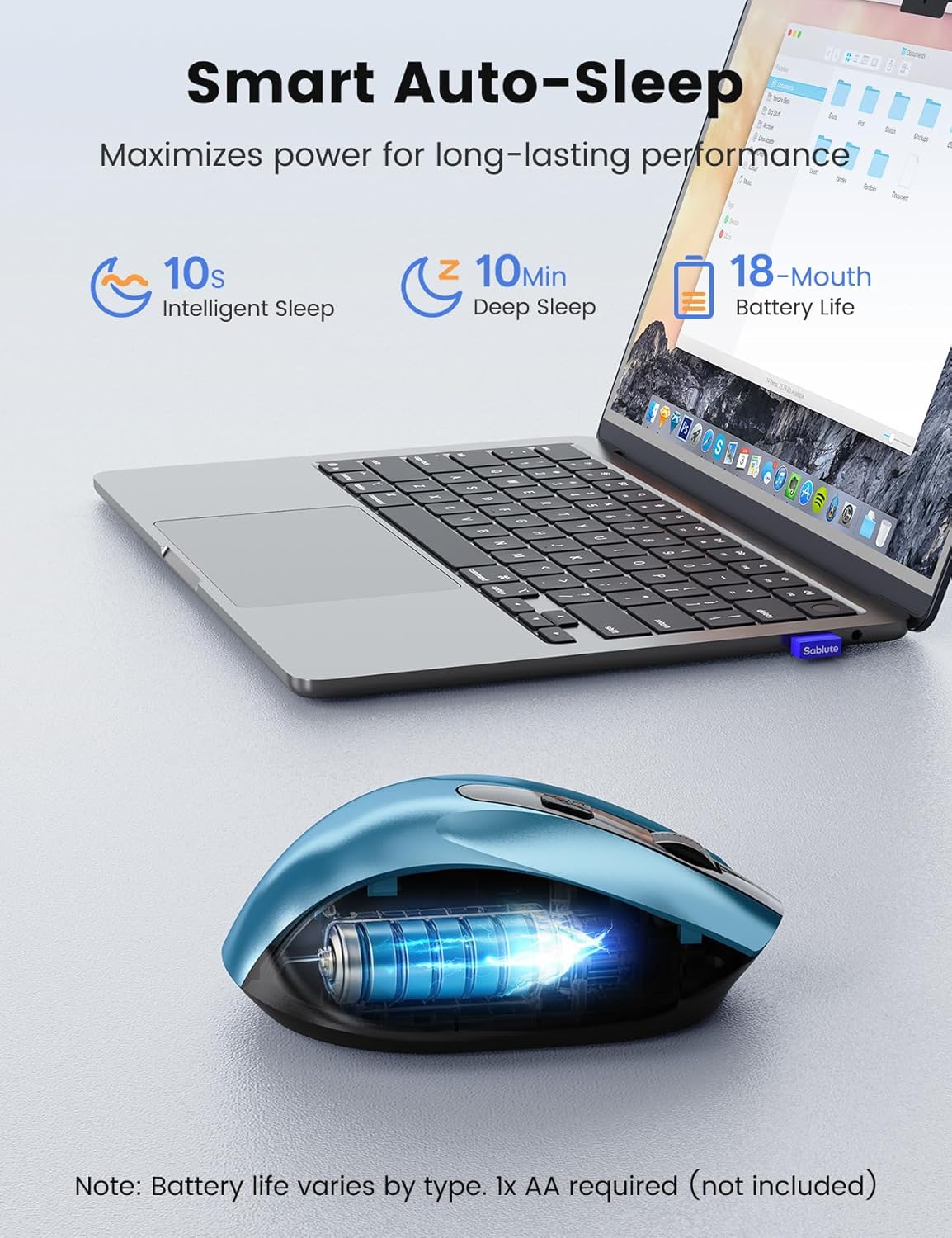 SABLUTE 6 3 M21 Wireless Mouse for Laptop, Blue Computer Mouse with USB-A&USB-C Receiver, Office Cordless Mice