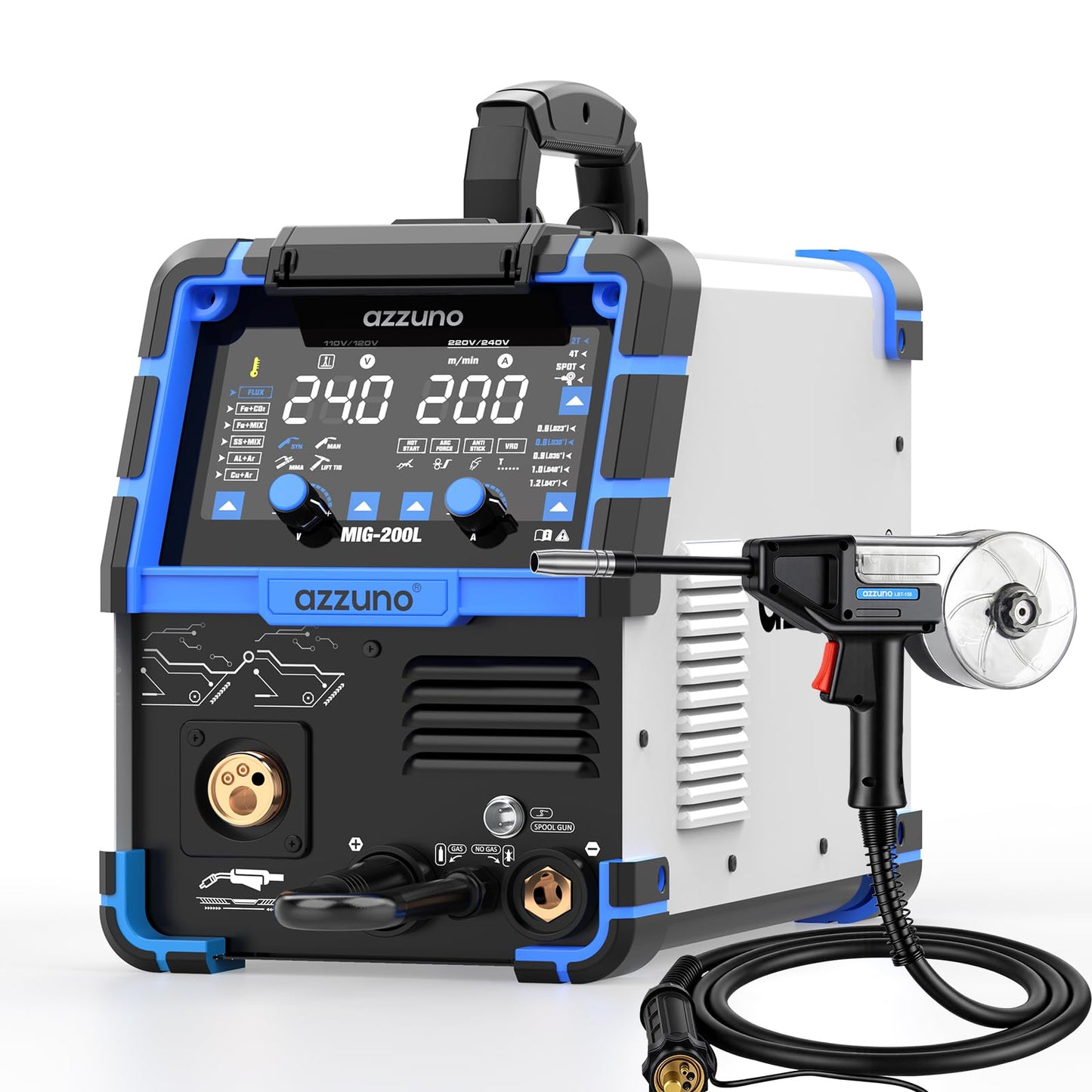 AZZUNO Aluminum MIG Welder 200A+Spool Gun, 110V/220V 8 in 1 Multi-process Welder Machine Aluminum MIG/Gas MAG/Gasless Flux Core MIG/Gas MIG/Spot MIG/Spool Gun Compatible/Lift TIG/Stick Welding