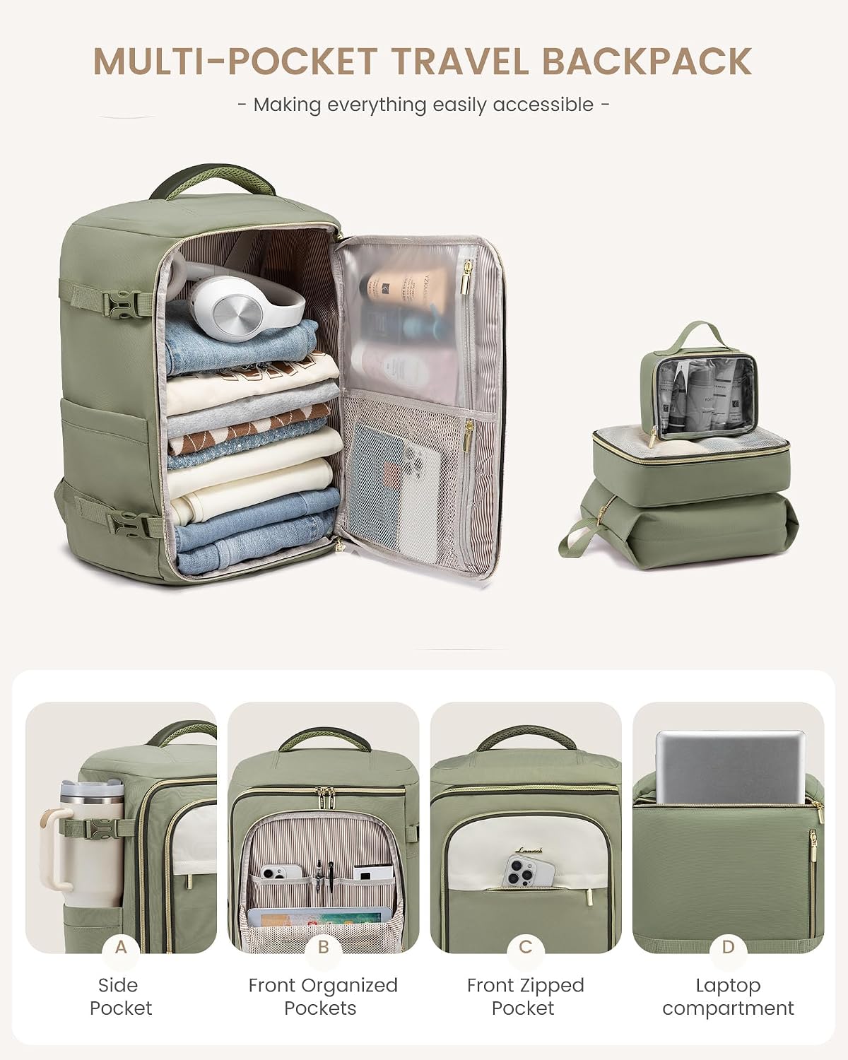 Backpack 40L Backpack 3 Packing 17" LOVEVOOK Large Travel for Women, TSA Approved with Cubes, Personal Item Bag Fits