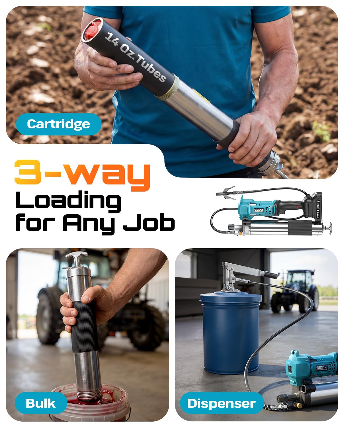 Seesii Electric Cordless Battery Grease Gun -10000 PSI with Quick-Release Coupler, 6.4 oz/min, 39.4" Flex Hose & 2 Batteries, Grease Guns for Truck, Car, Tractor,2026 Upgraded