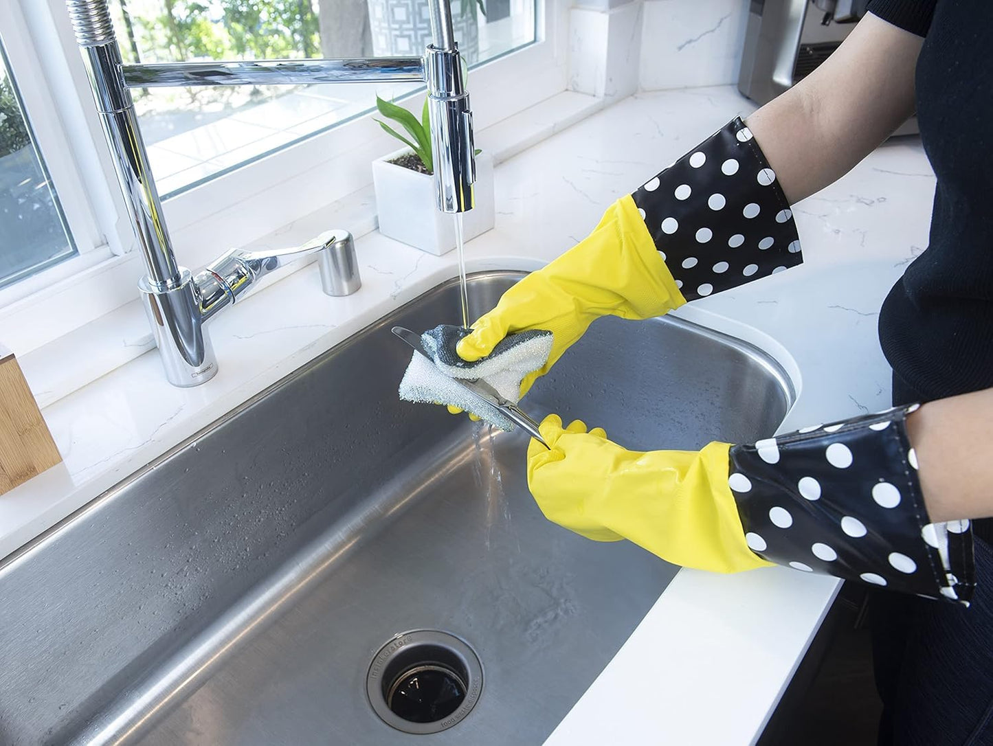 Evriholder Glam-Gloves Reusable Latex Dishwashing Gloves for Kitchen or Cleaning, Yellow, 3 Pairs, Patterns May Vary