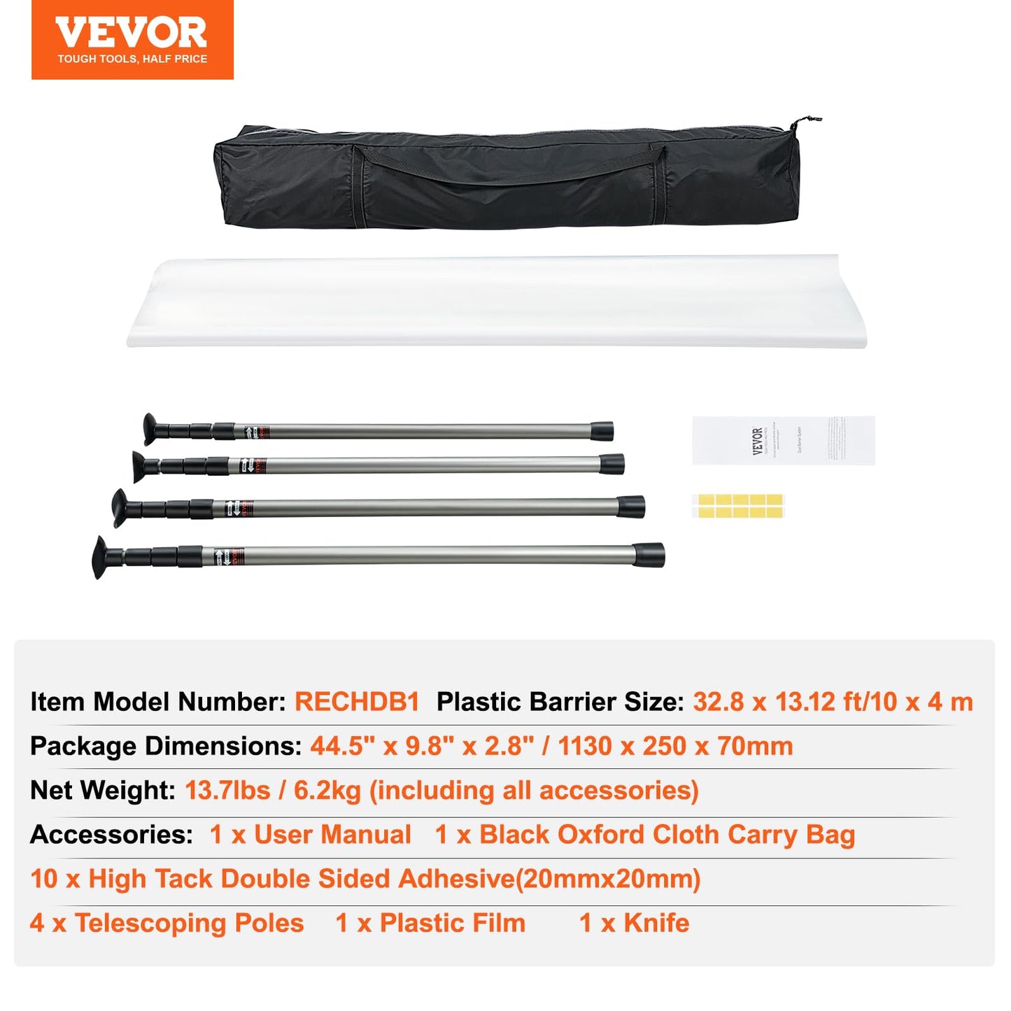 VEVOR Dust Barrier Poles, 10 Ft Telescoping System with 4 Poles, Carry Bag, and 32.8x13.12 Ft Plastic Film for Interior Decoration and Painting