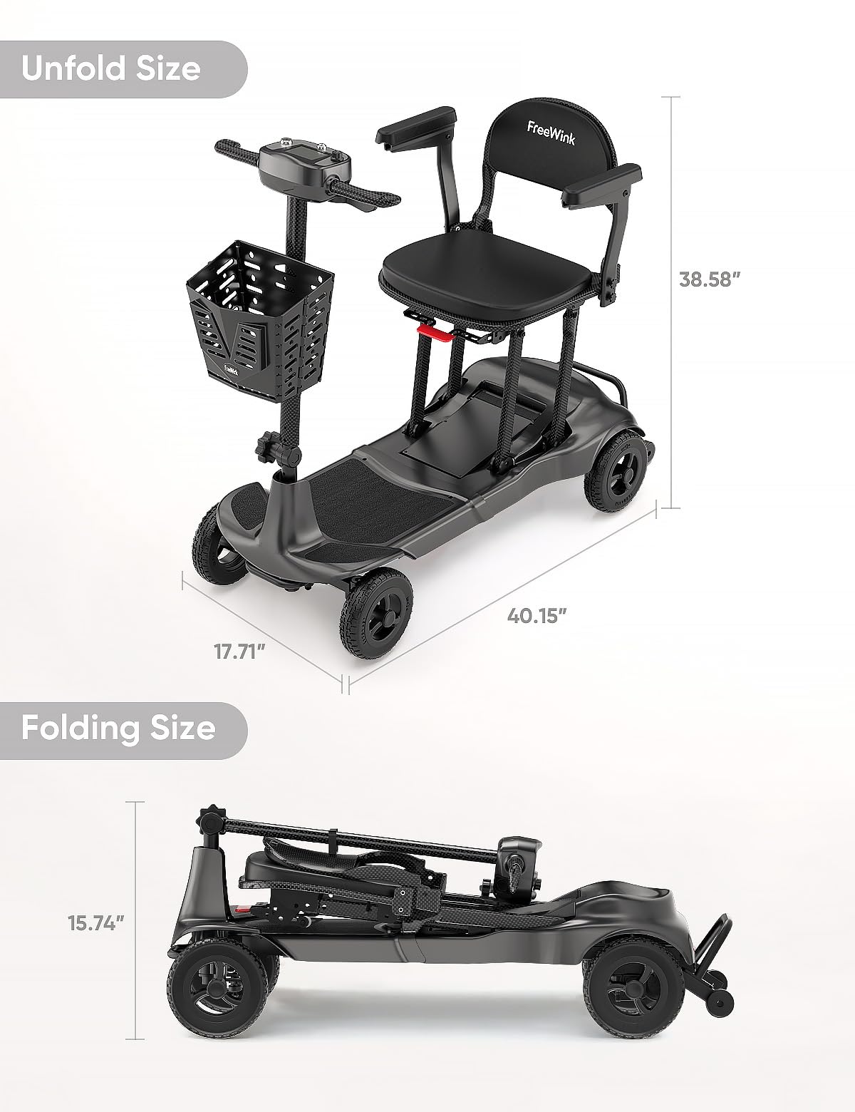 Mobility Scooters for Adults & Seniors - Ultra Lightweight 27.5 lbs Carbon Fiber Folding Electric Scooter - Airlines Approved All-Terrain Portable Scooter with Basket and Charger Included-Carbon Black