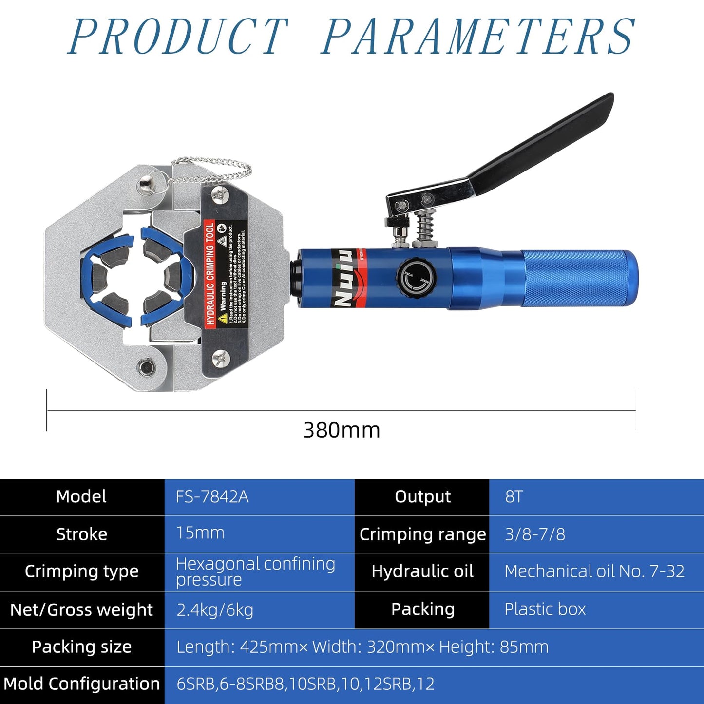 Nuiu FS-7842A Hydraulic Hose Crimper Kit - 8T Handheld Crimping Tool w/Quick-Lock Dies, 7 Molds for Auto A/C, HVAC & Industrial Piping (3/8"-7/8")