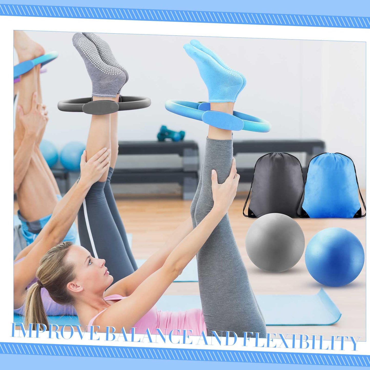 Poen 14 Pcs Pilates Equipment Kit for Home Workout Pilates Ring and Ball Set for Women 12'' Circle Yoga Fitness Essentials Kit with Resistance Bands, Yoga Strap, Socks,Bag (Blue,Gray)