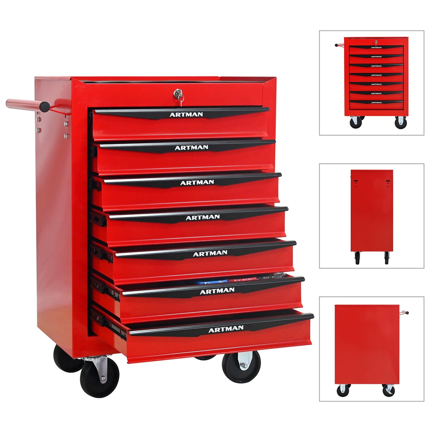 Thetilsy Rolling Tool Chest Cart with 7 Drawers,Storage Tool Cabinet on 4 Wheels. Lockable Tool Cart with Drawer Liners.Steel Tool Box Organizer for Garage,Repair Workshop-Red