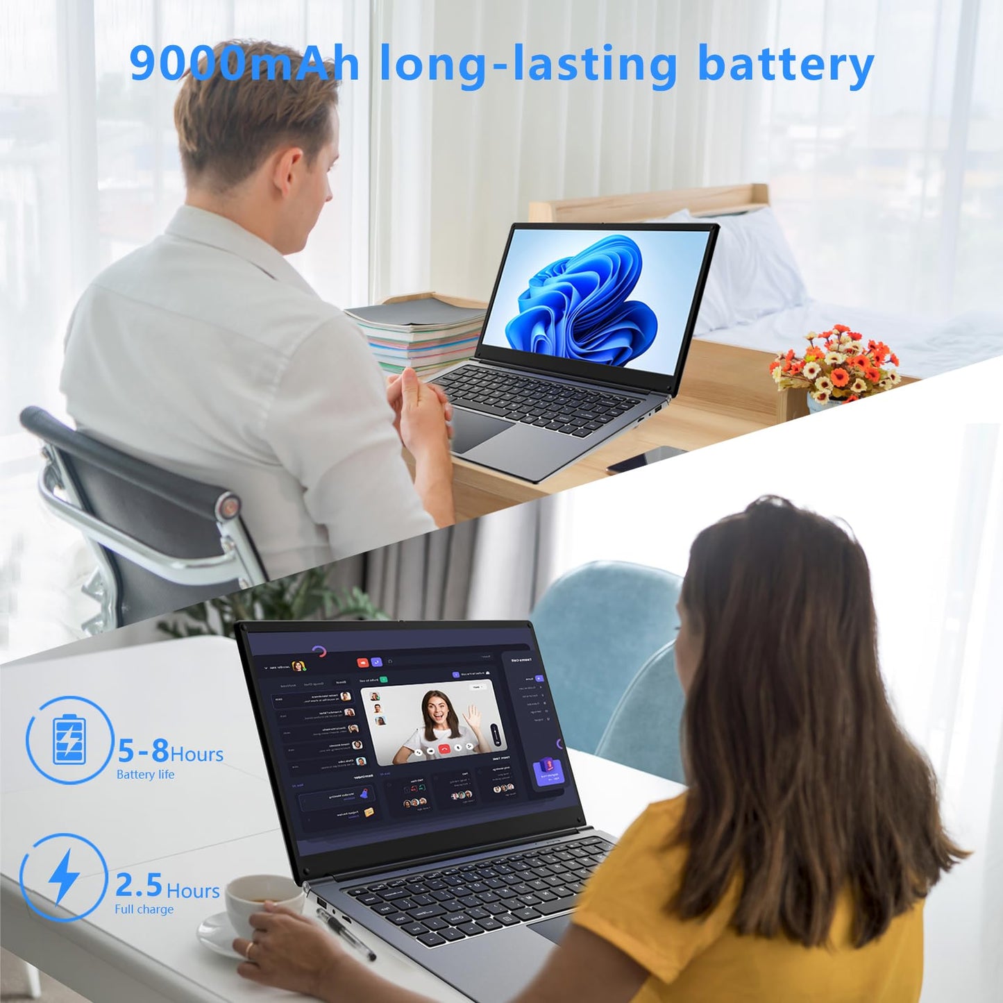 Laptop 16-inch , 8GB DDR 256GB SSD portable laptop computer, expandable to 1TB, Pentium quad-core CPU up to 2.64 GHz, 9000mAh battery, interface, USB3.0 interface, dual-band WiFi, webcam, slim laptops