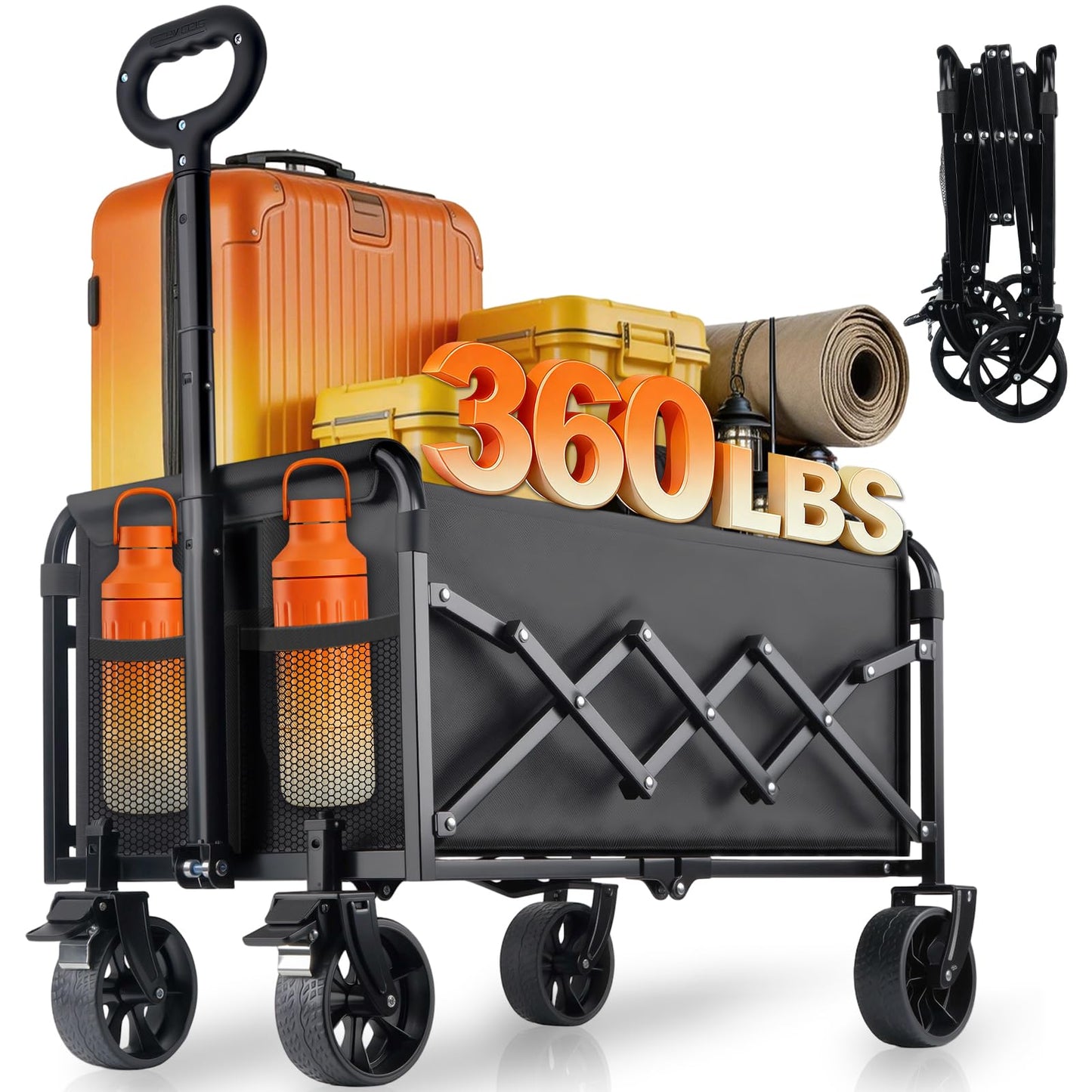 360lbs Foldable Wagon Cart Collapsible - Heavy Duty All-Terrain Portable Lightweight Folding Utility Carts with Wheels, Large Capacity Portable Grocery & Beach Trolley for Shopping, Camping and Sports