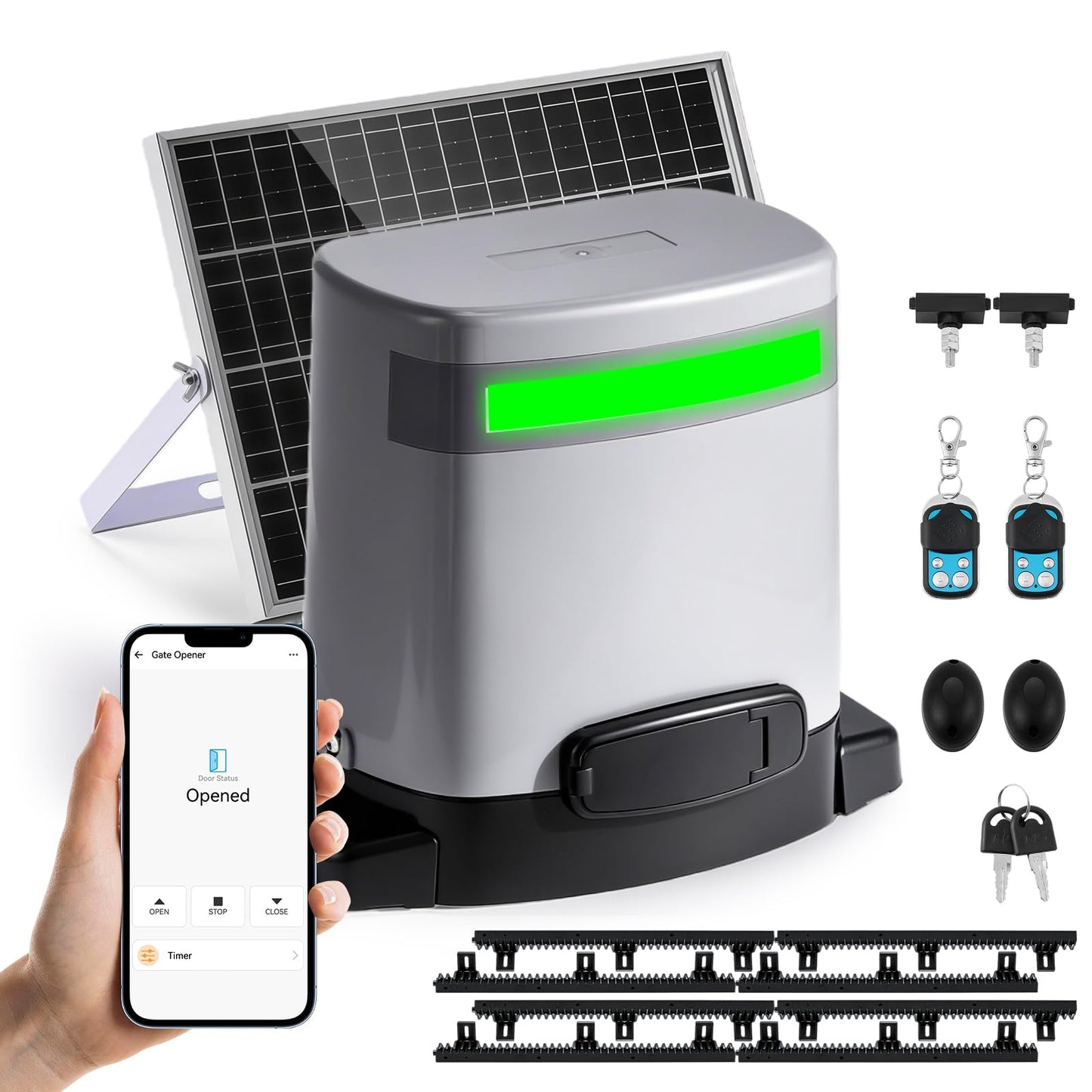 Spolehli 1300lbs Solar Sliding Gate Opener with Nylon Gear Rack Drive, Automatic Gate Motor Kit for 40ft Gates, WiFi App & Remote Control, Built-in Backup Battery & Infrared Safety Sensor