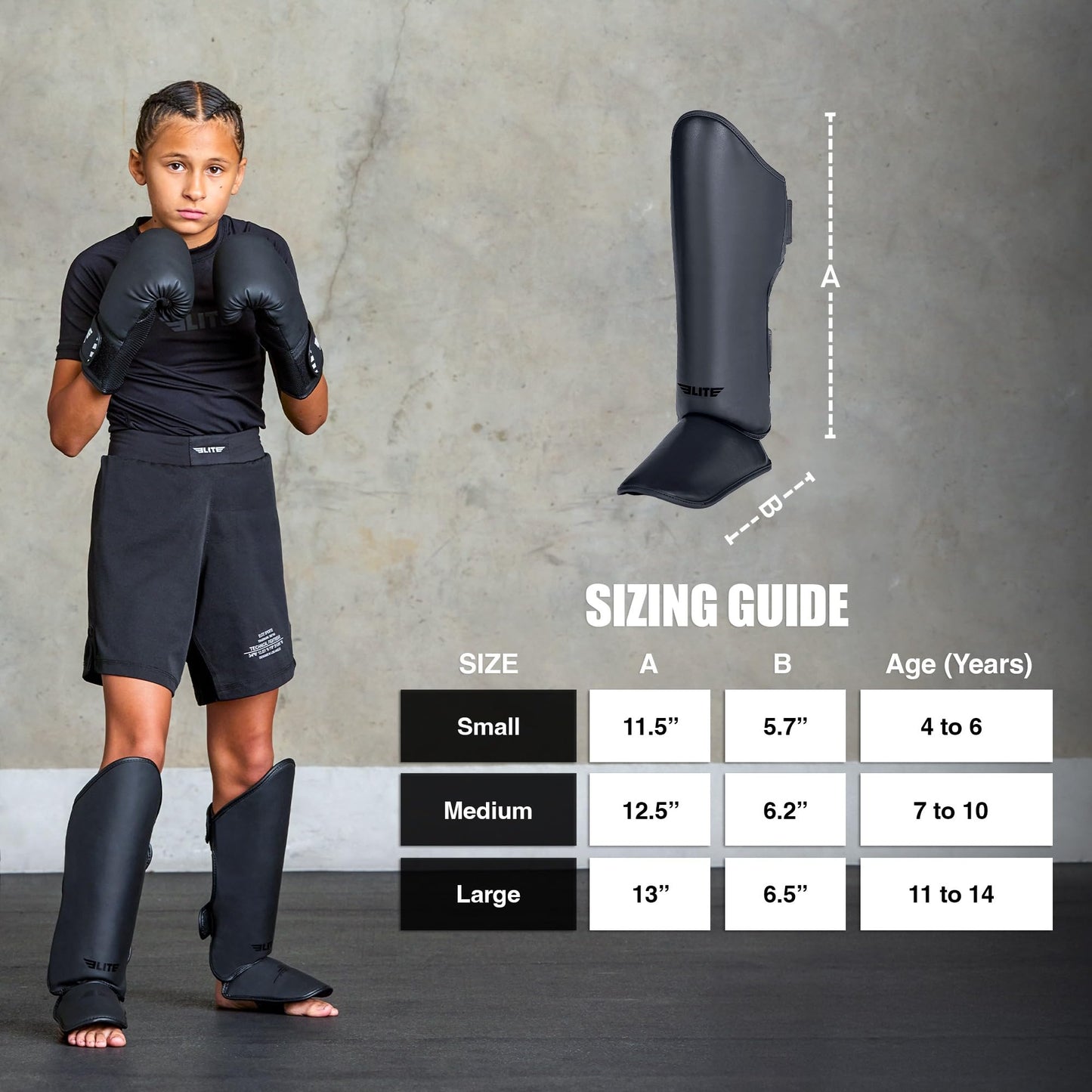 Elite Sports Muay Thai MMA Kickboxing Boys and Girls Shin Guards for Age 4 to 8 Years, Instep Guard Sparring Protective Leg Shin Kick Pads for Kids (Medium, Black)