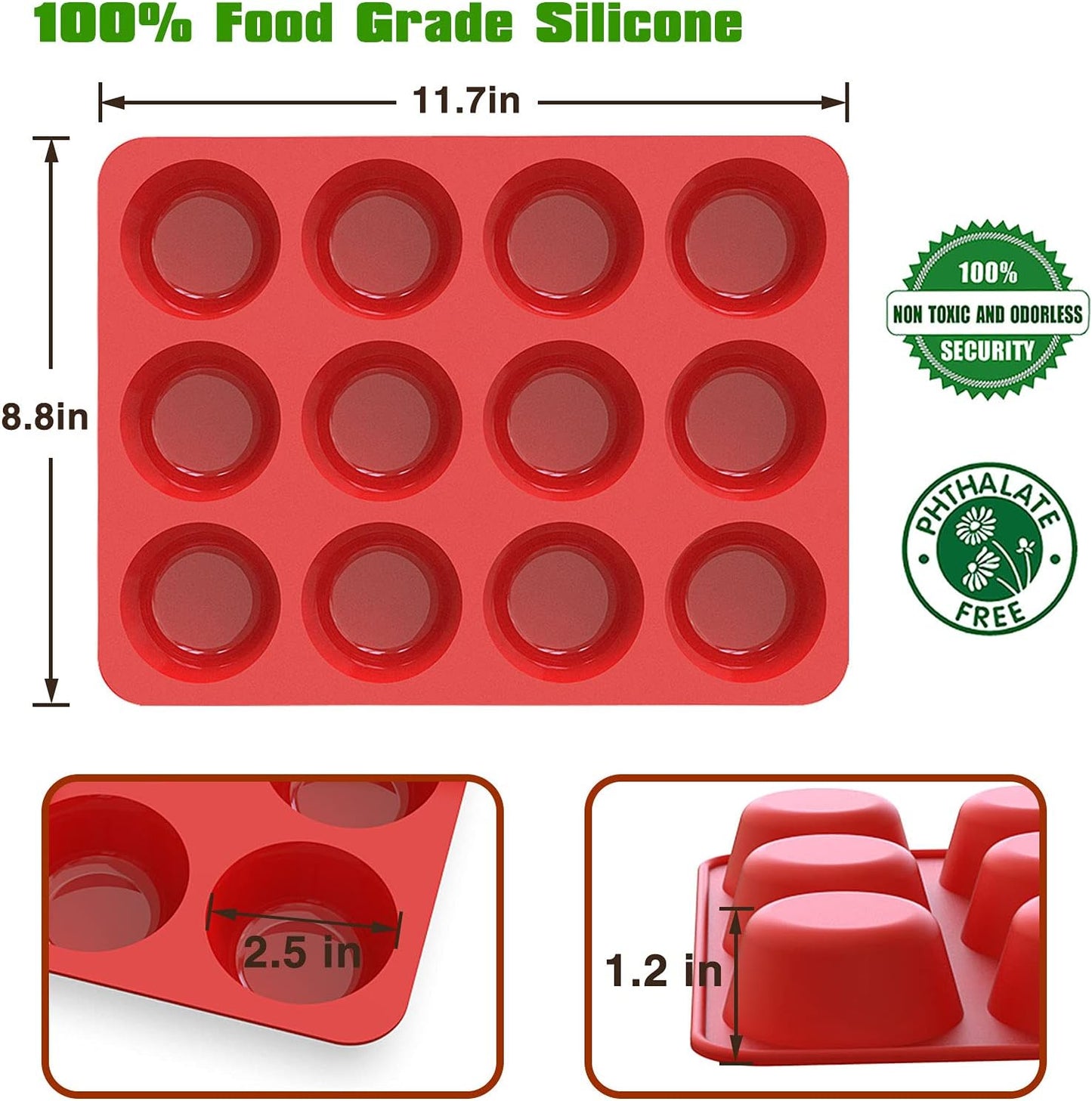 SILIVO Silicone Muffin Pans - Nonstick 12-Cup Baking Molds for Muffins, Cupcakes & Egg Bites | 2-Pack, 2.5 Inch