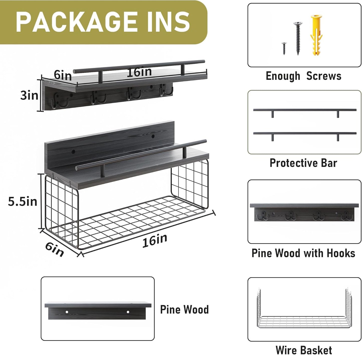 Regine Switzerland Floating Shelves - Black Bathroom Wall Shelves Set of 2 with Basket & Hooks