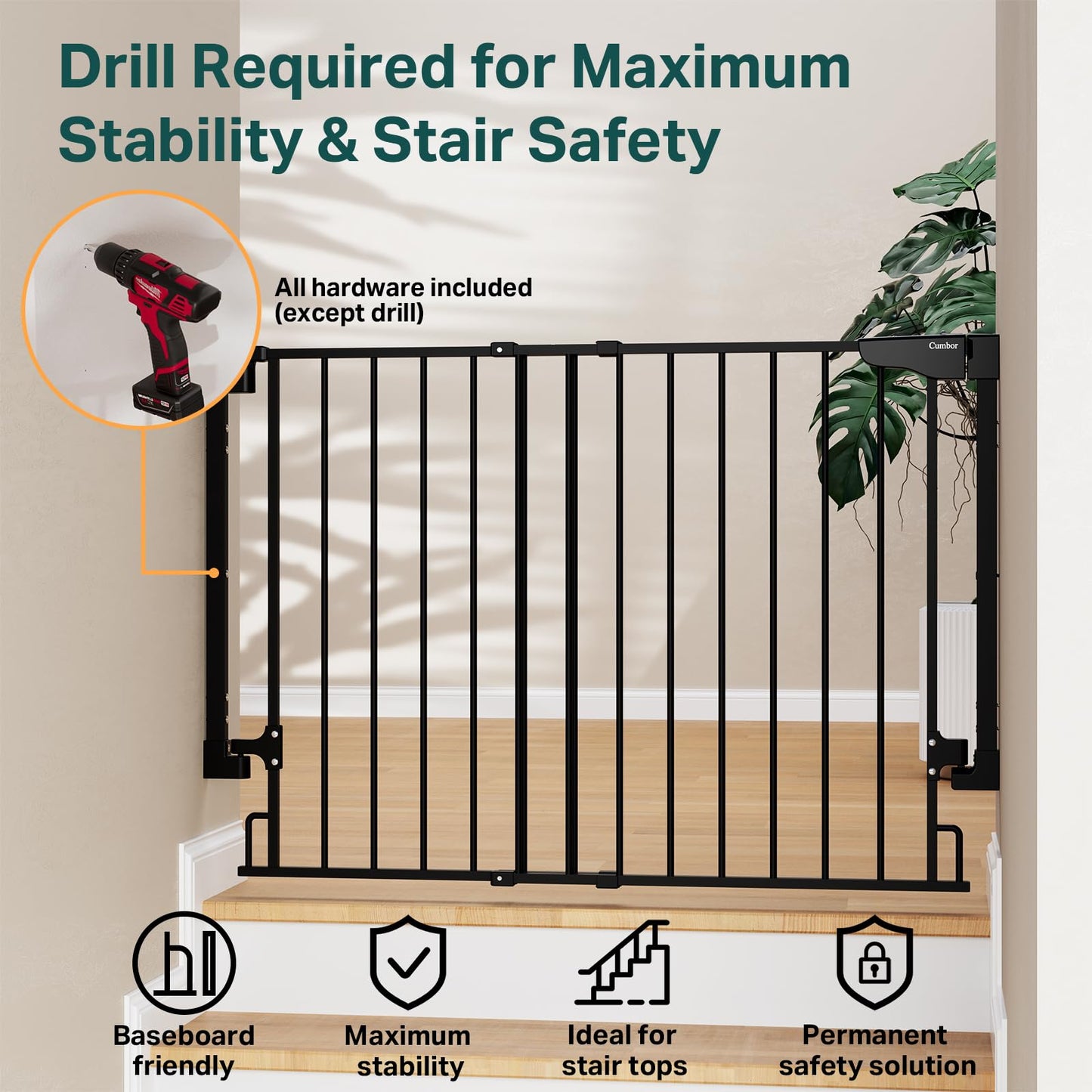 Cumbor 29.2–43" Baby Gate for Stairs, Hardware Mounted (Drill Required), Expandable No Bottom Bar Dog Gate, Auto Close Extra Wide Walk Thru, Pet & Toddler Proof Gate, Top & Bottom of Stairways(Black)
