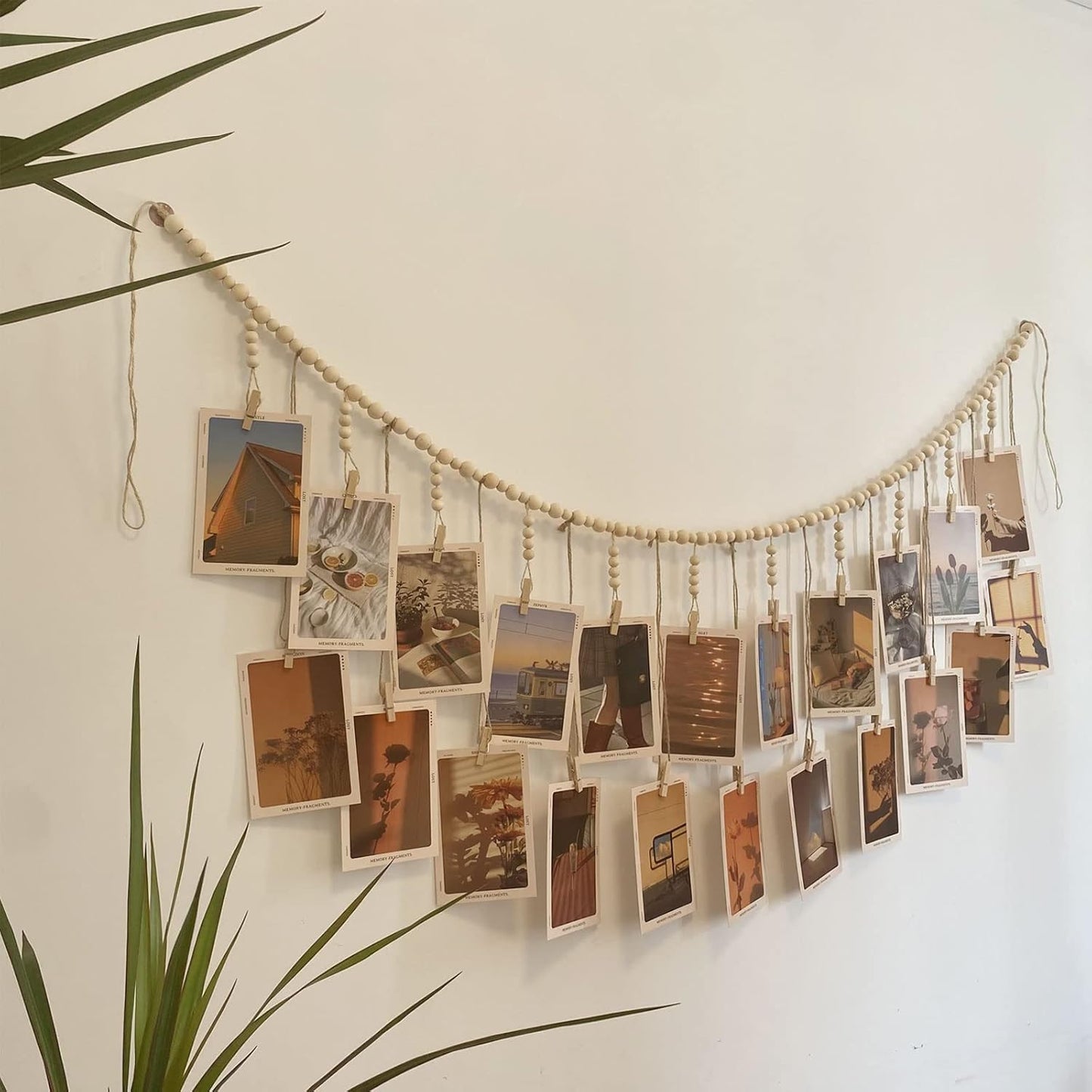 Wooden Bead Garland Photo Display by [Brand Name] - Boho Style Hanging Collage with 22 Clips for Dorms & Bedrooms