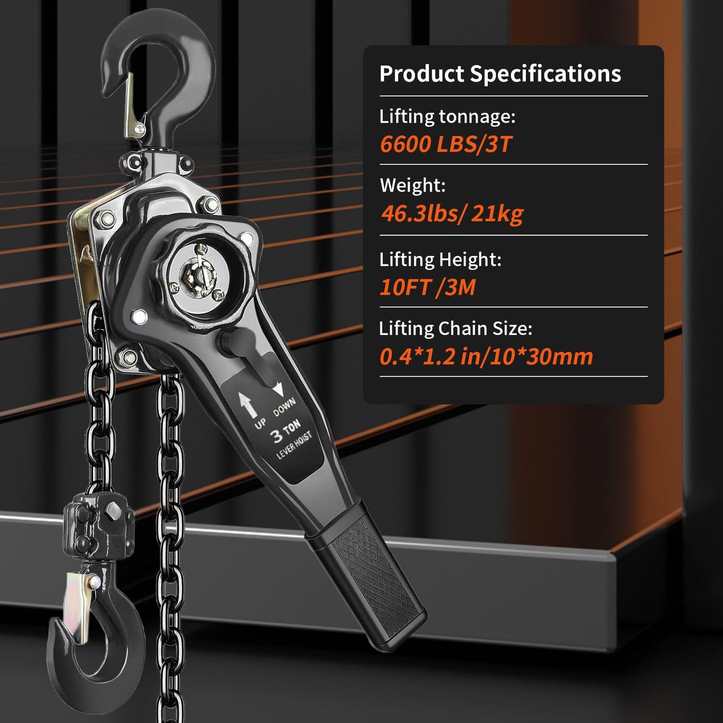 Manual Chain Hoist, 3 Ton (6600 lbs) Capacity, 10 FT Lift, Galvanized Steel Construction, Double Pawl Brake & 360° Swivel Hook for Garage, Workshop, Factory, Dock (Black, 3T-3m)