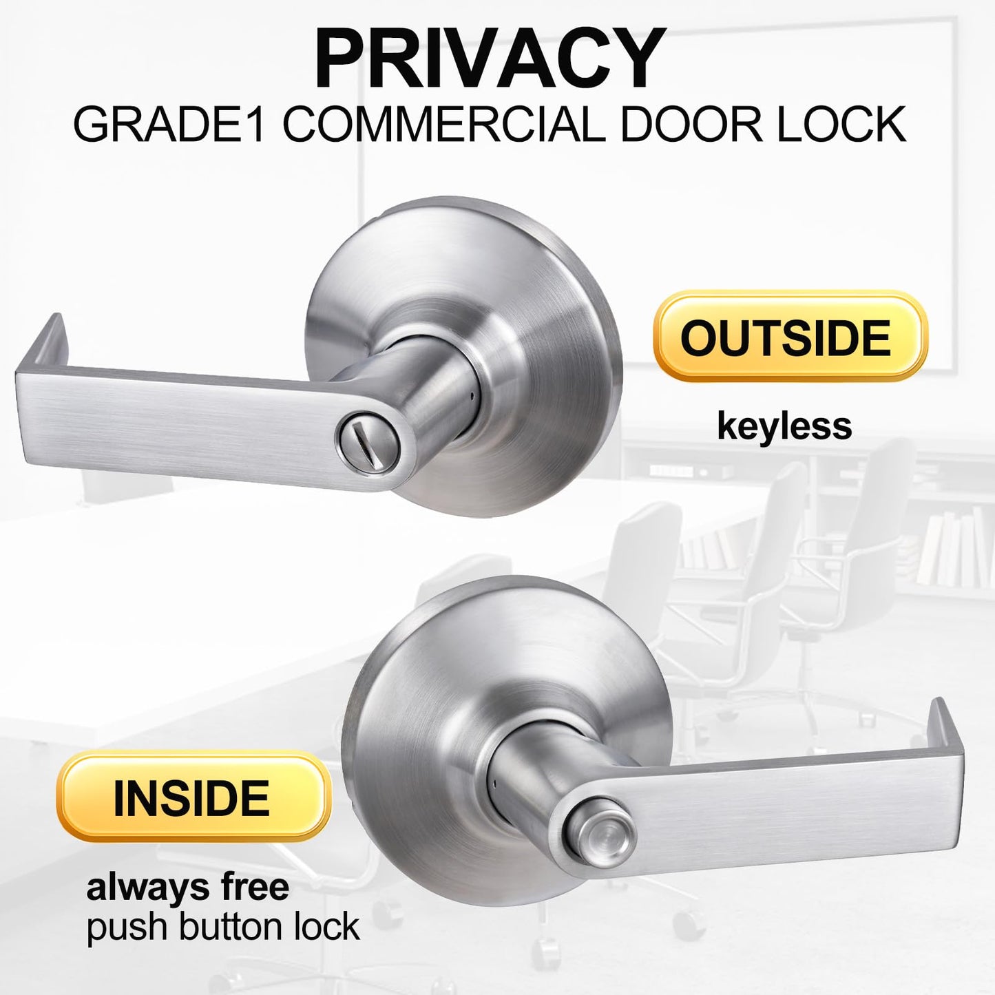 HISAFE Privacy Grade 1 Commercial Door Locks Heavy Duty Bathroom Door Lever, Non-Handed, UL 3 Hour Fire Rated, ADA Compliant, Brass Latch, 2-3/4''Backset, Satin Chrome 26D