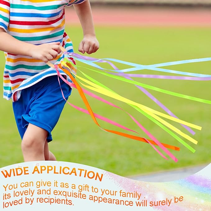 Junkin Ribbon Rings Hand Kite Waldorf Toys Dancing Wrist Ribbons Rainbow Streamers with Wood Ring Sensory Learning Educational Toy for Playroom Dancing Birthday Party Gift(Fresh,24 Pcs)
