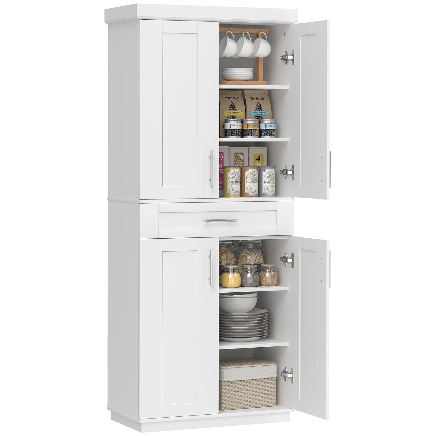 HOMCOM 72" Kitchen Pantry Cabinet, Freestanding Tall Storage Cabinet with 4 Doors, Drawer and 3 Adjustable Shelves for Dining Room, White
