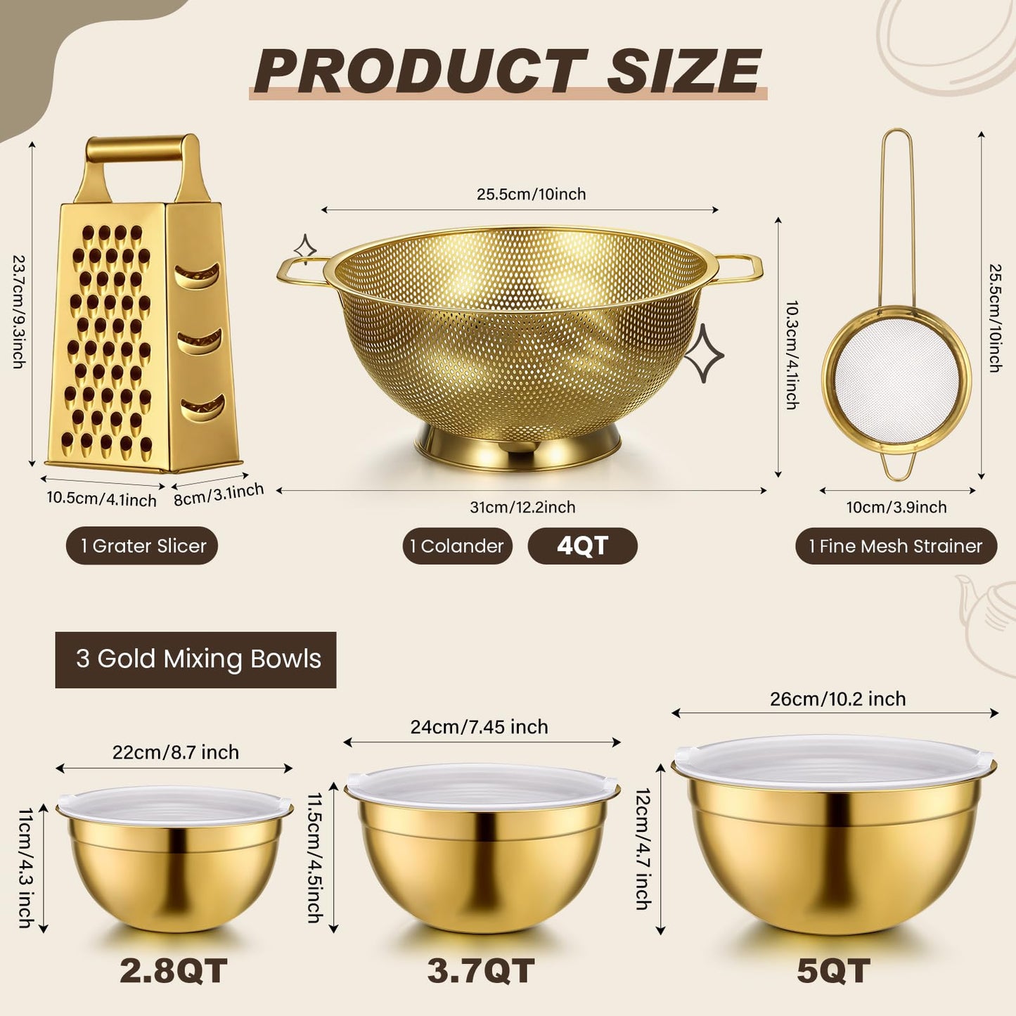 Baderke 6 Pcs Gold Kitchen Accessories Set Includes 3 Gold Mixing Bowls with Airtight Lids Stainless Steel Colander Grater Slicer and Fine Mesh Strainer(Mixing Bowls: 2.8/3.7/5 Qt, Colander: 4 Qt)