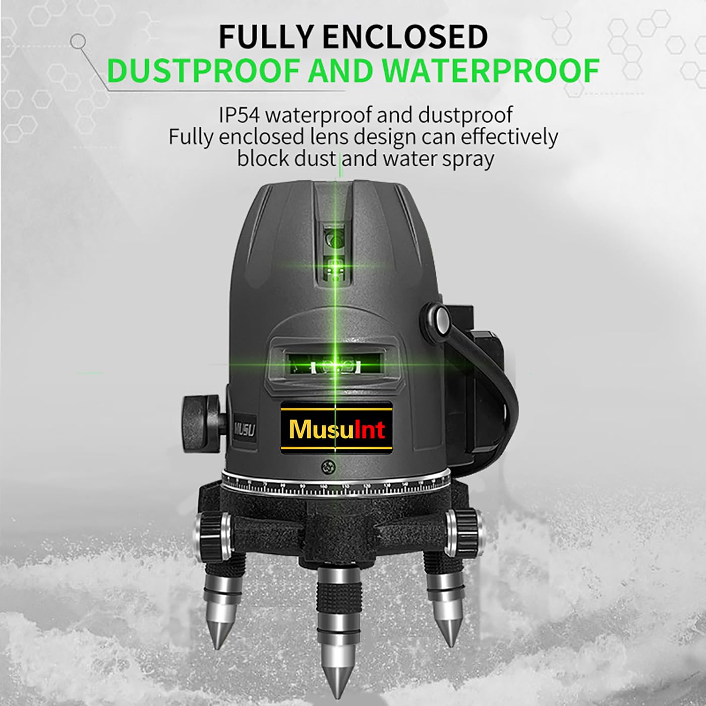 (Outdoor Super Bright) 5 lines laser level 360 self leveling Precision Cross Line level tool Green beam with 360° Rotating base Digital Li-ion Battery 5 Strong light spots 1 Plumb point