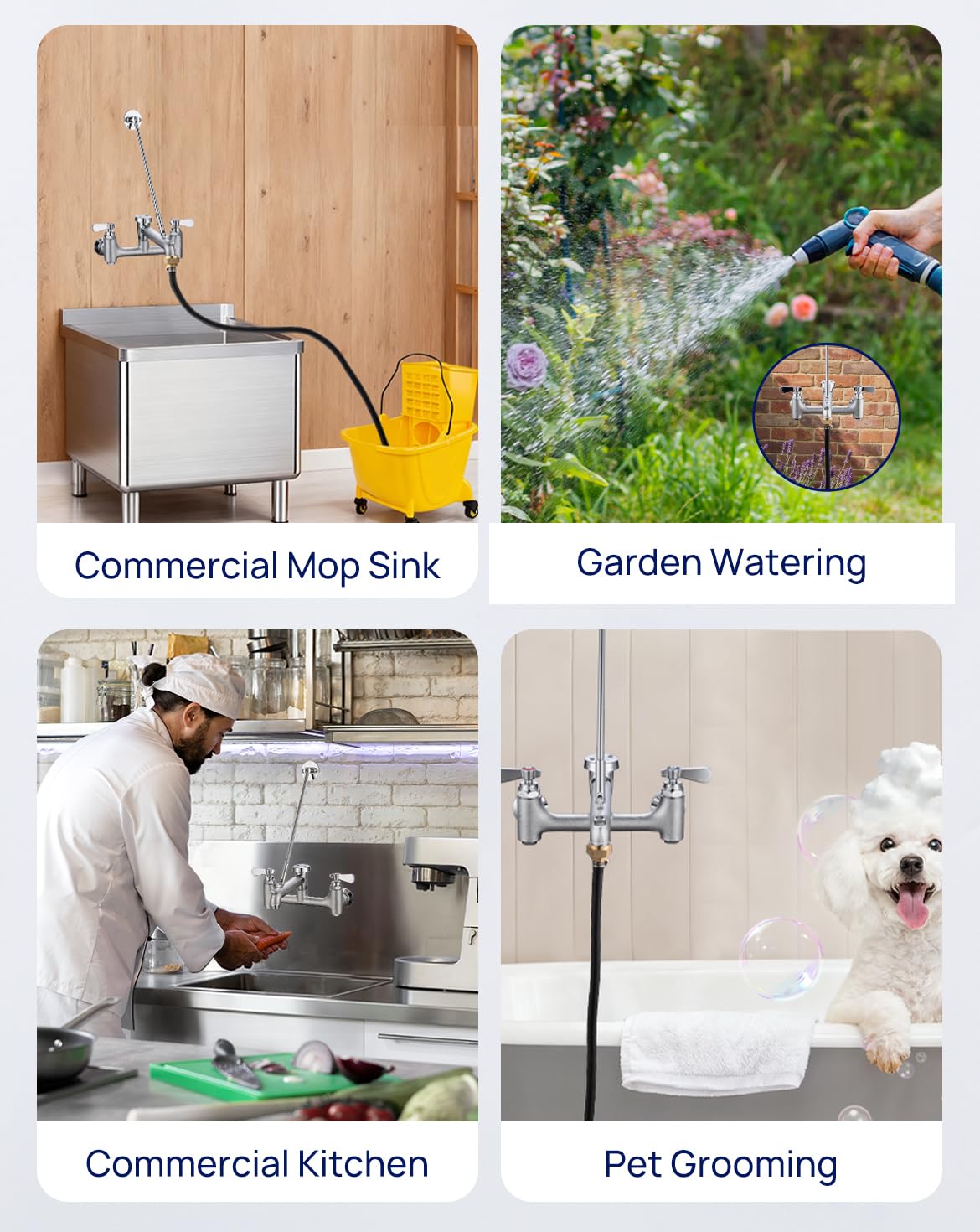 Sepaitek Commercial Mop Sink Faucet 8" Center Wall Mount, Heavy-Duty Service Sink Faucet with Vacuum Breaker 3/4" Hose Thread, for Industrial Outdoor Janitor Floor Mop Sink, Brass Casted Chrome Finish