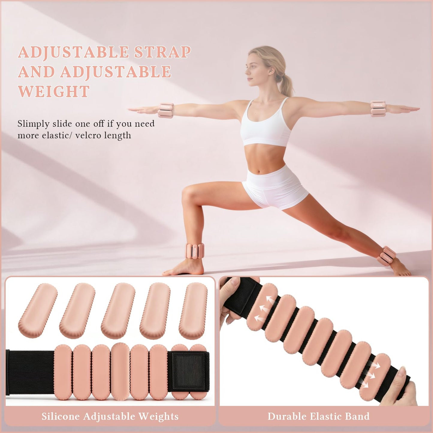 Wrist Weights, Silicone Adjustable Ankle Weights for Women Men - Strengthen Arms and Legs Ideal for for Home Gym Workout, Running, Yoga, Pilates, Barre, Exercise, Strength Training (Flesh Pink, 2 lbs Pair (1lb Each))