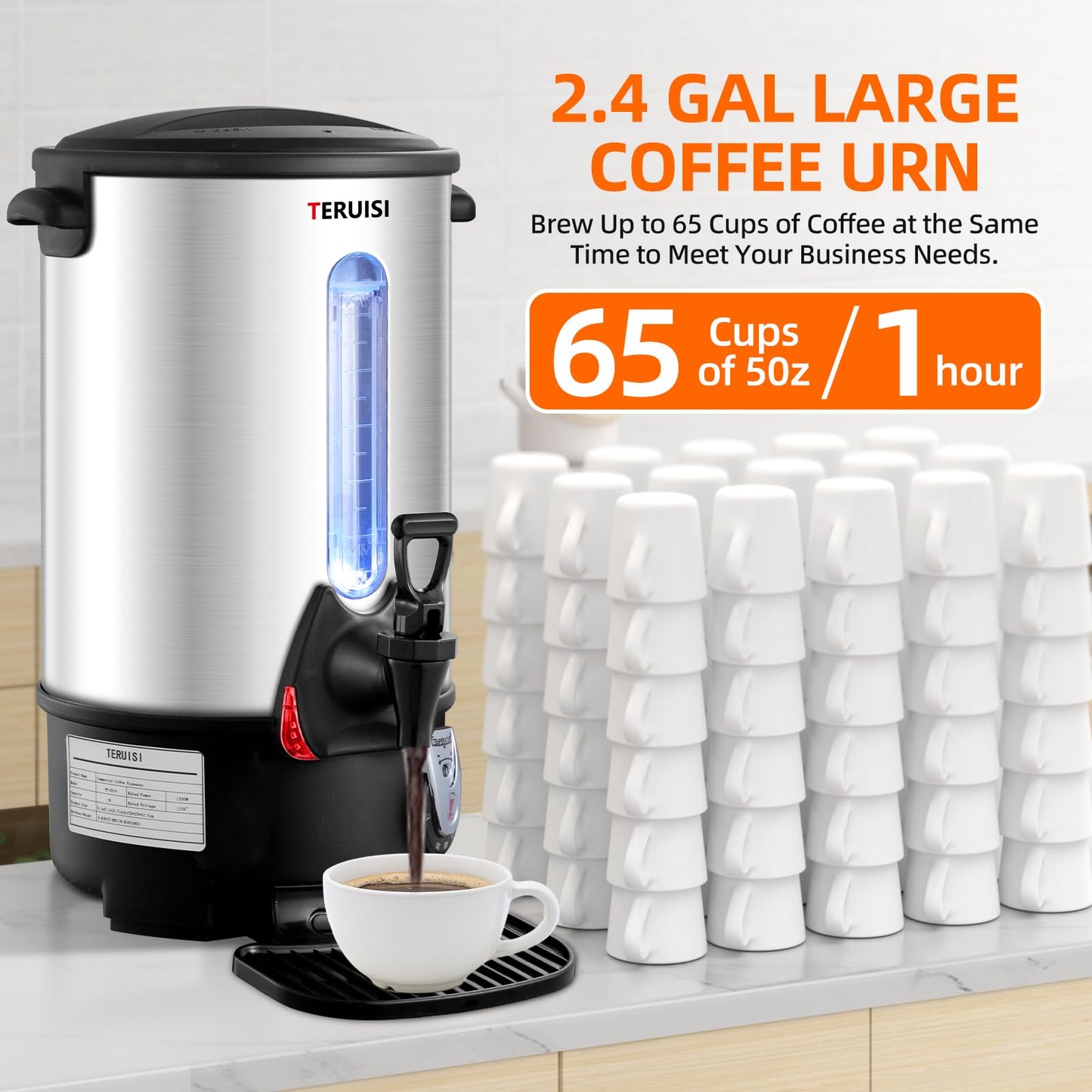TERUISI Coffee Urn, 65 Cups/9L Commercial Coffee Maker, 1300W Large Coffee Maker Hot Water Tea Urn with Filter Basket & Adjustable Temperature, Stainless Steel Hot Drink Beverage Dispenser