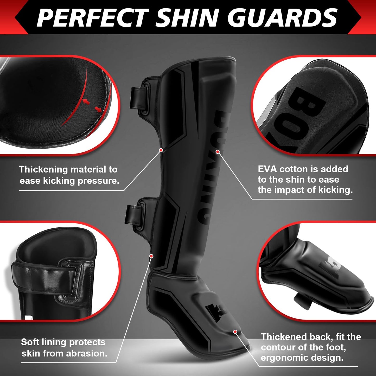 Kickboxing Shin Guards Muay Thai Shin Pads with 16 OZ Boxing Gloves, Adjustable Leg Guards with Instep Protection Shinguards with Workout Gloves Martial Arts Training Equipment for MMA Training(M)