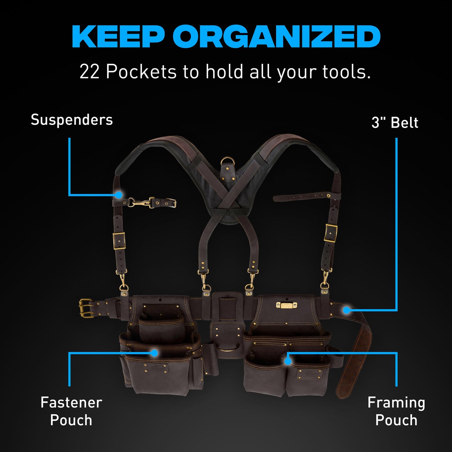 OX Pro Construction Tool Belt with Suspenders - 22-Pocket Leather Tool Belt Pouches - (XL) Made of Oil-Tanned Leather with Double-Stitching Morrales De Construccion