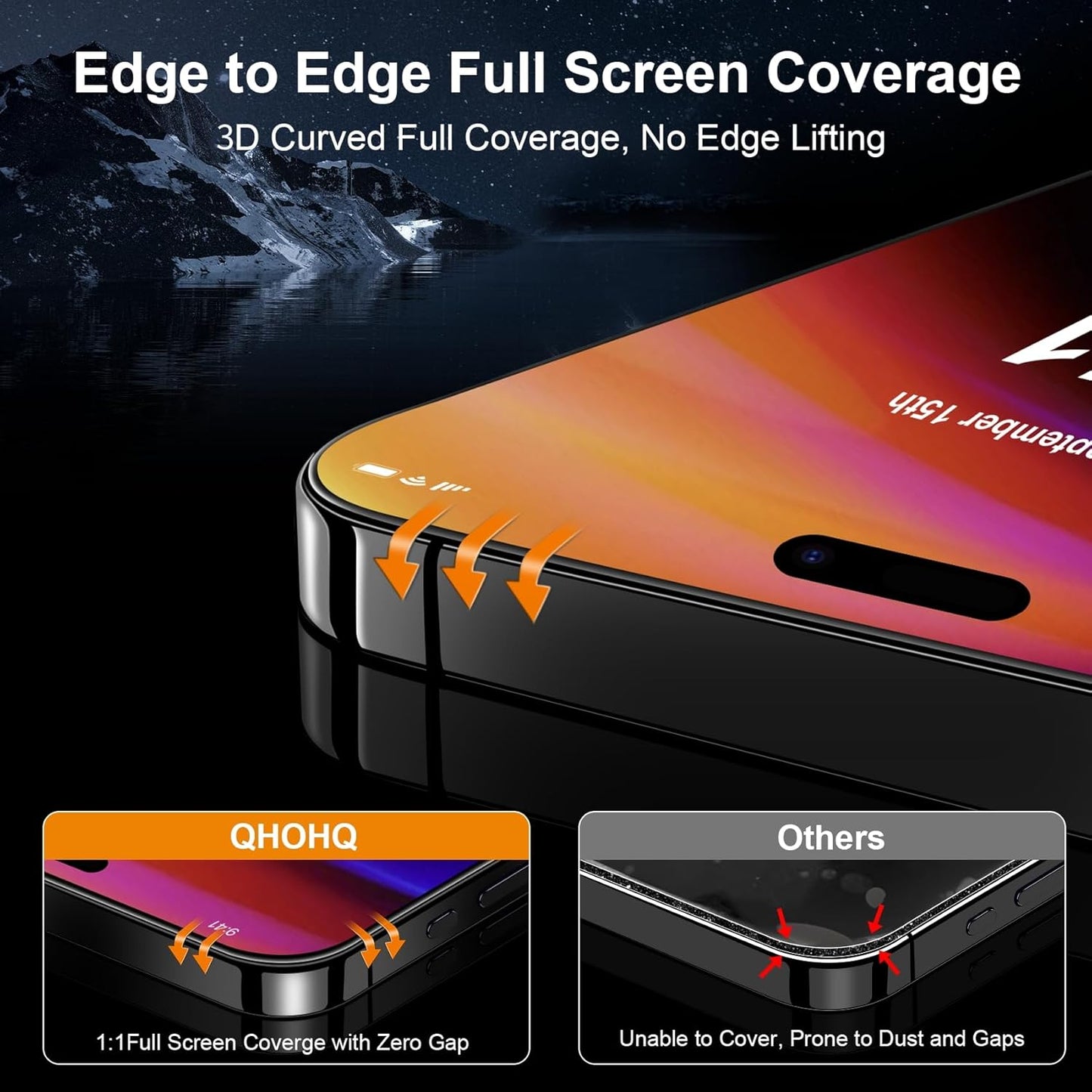 16 9H+ [3+3 Pack] QHOHQ for iPhone Pro Screen Protector with Camera Lens Protector, [Military Grade Shatterproof], Top