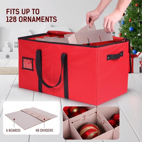 Lambada Christmas Ornament Storage Box - Durable Organizer with Adjustable Dividers | Holds 128 Ornaments (Red)