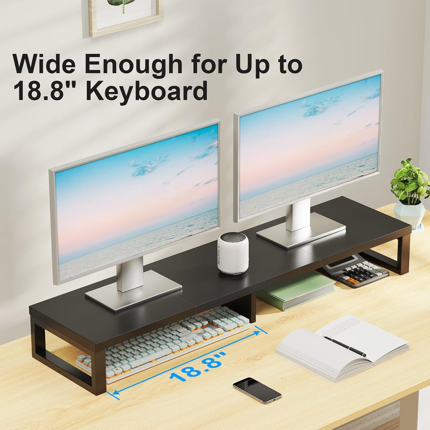 2 Zimilar Dual Monitor Stand Riser, Large Monitor Stand for Desk, Wood Monitor Riser with Storage Organizer for Home