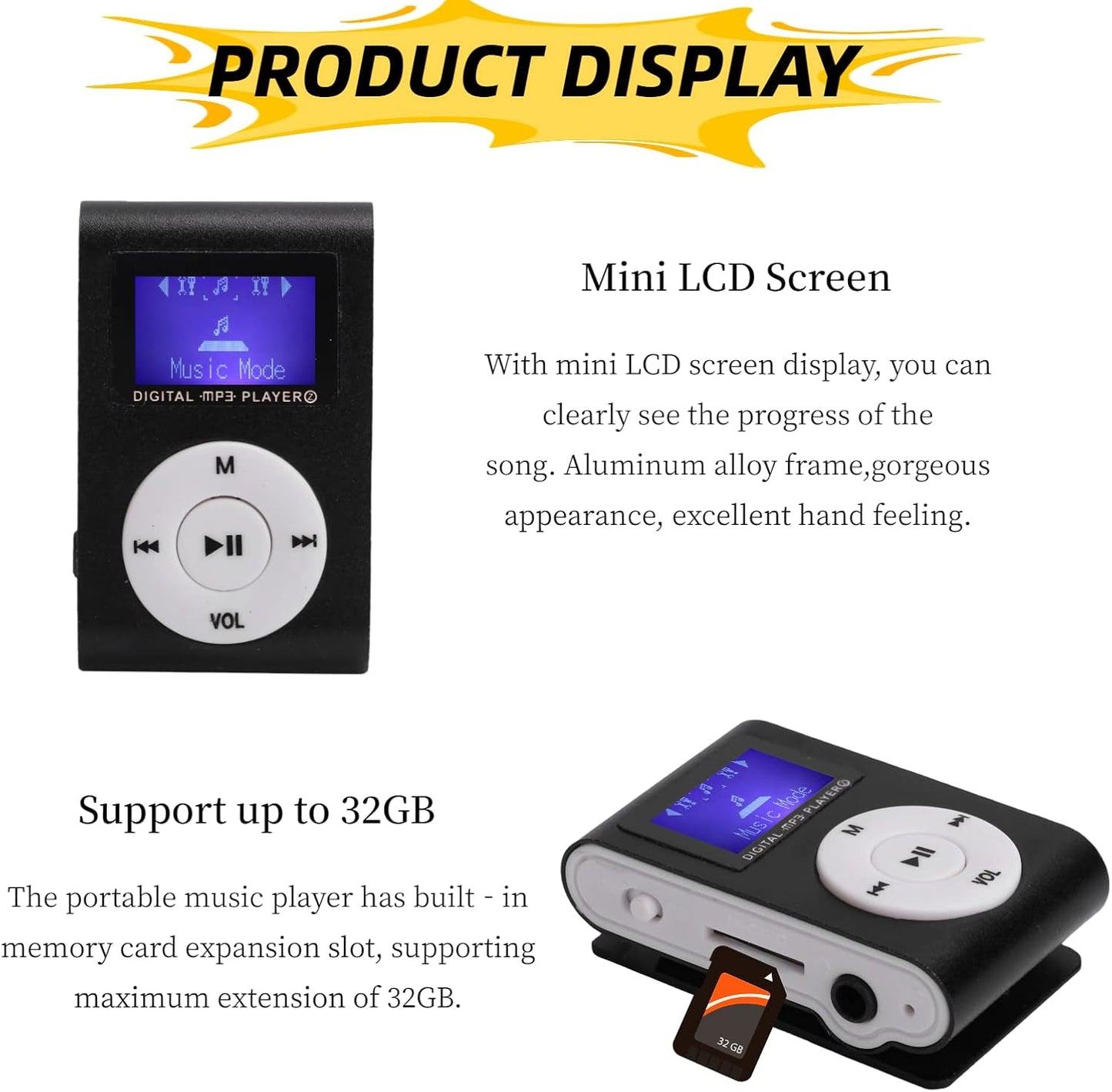 2FY2SW Mp3 MP3 32GB(Black) Player, Portable Mini Music Player with Headphone and USB Cable, Back Clip Lossless Sound