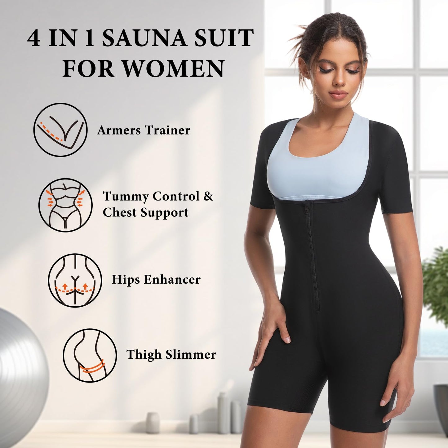 Meiosuns Sauna Sweat Suit for Women Weight Loss Waist Trainer Full Body Compression Sweat Suit 4 in 1 Slimming Heat Trapping Sauna Shirt for Workout Bodysuit Gym Fitness Shaper Thighs (Silver,L)