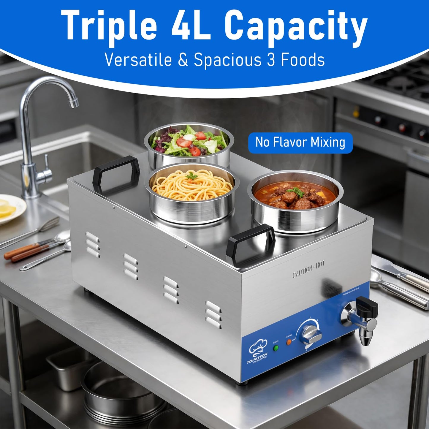 TOPKITCH ETL Listed Commercial 12L Soup Warmer with 3×4L Pot，Drain,Seamless One-piece Tank,86-185℉ Adjustable Thermostat,TempLimiter-120V/1200W Commercial Bain Marie Electric Food Warmer