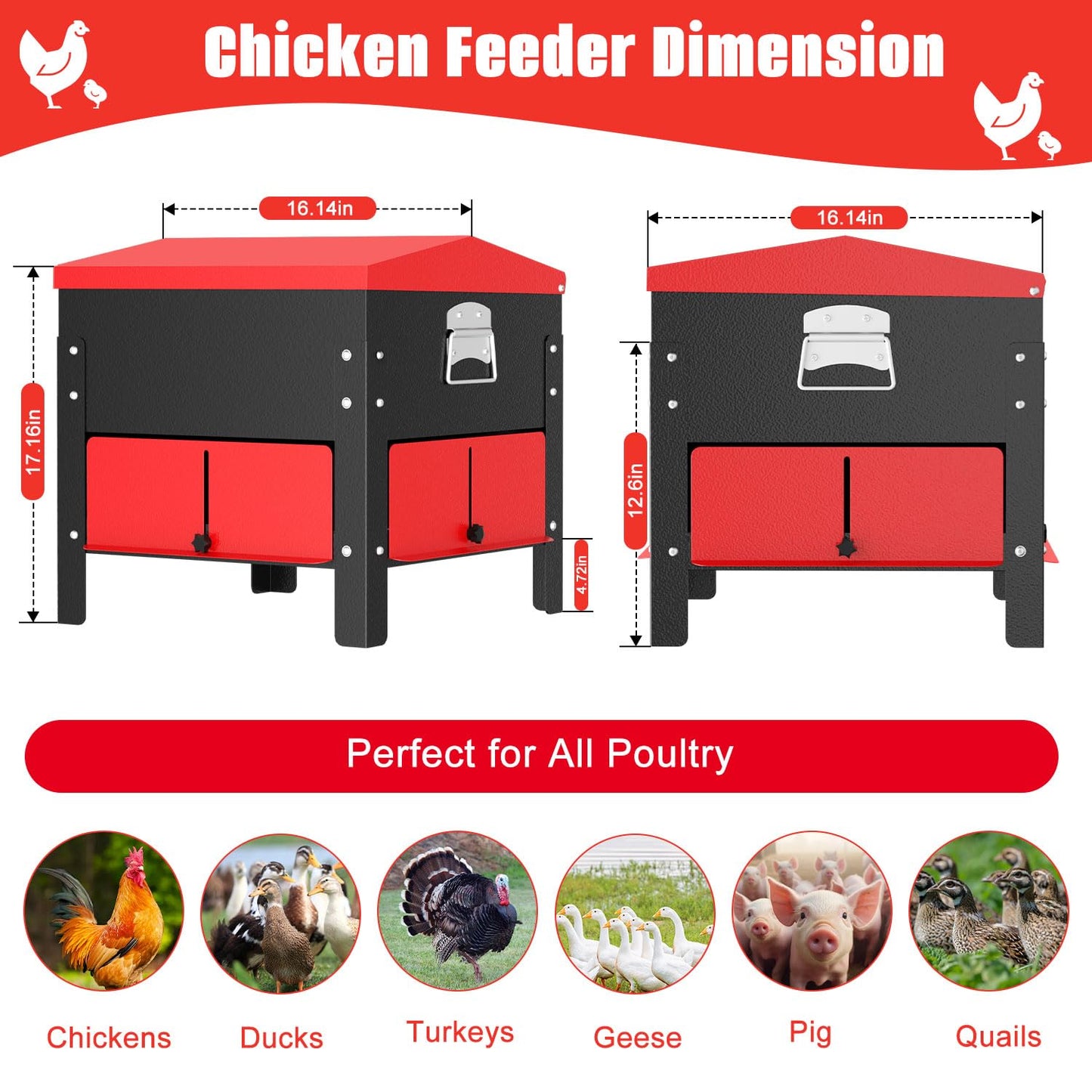 100lbs Automatic Chicken Feeder, Heavy Duty Galvanized Steel Poultry Feeder, Weatherproof & Secure-Lid for Outdoor Use, No Waste & Rodent-Proof for Chickens, Ducks, Turkeys