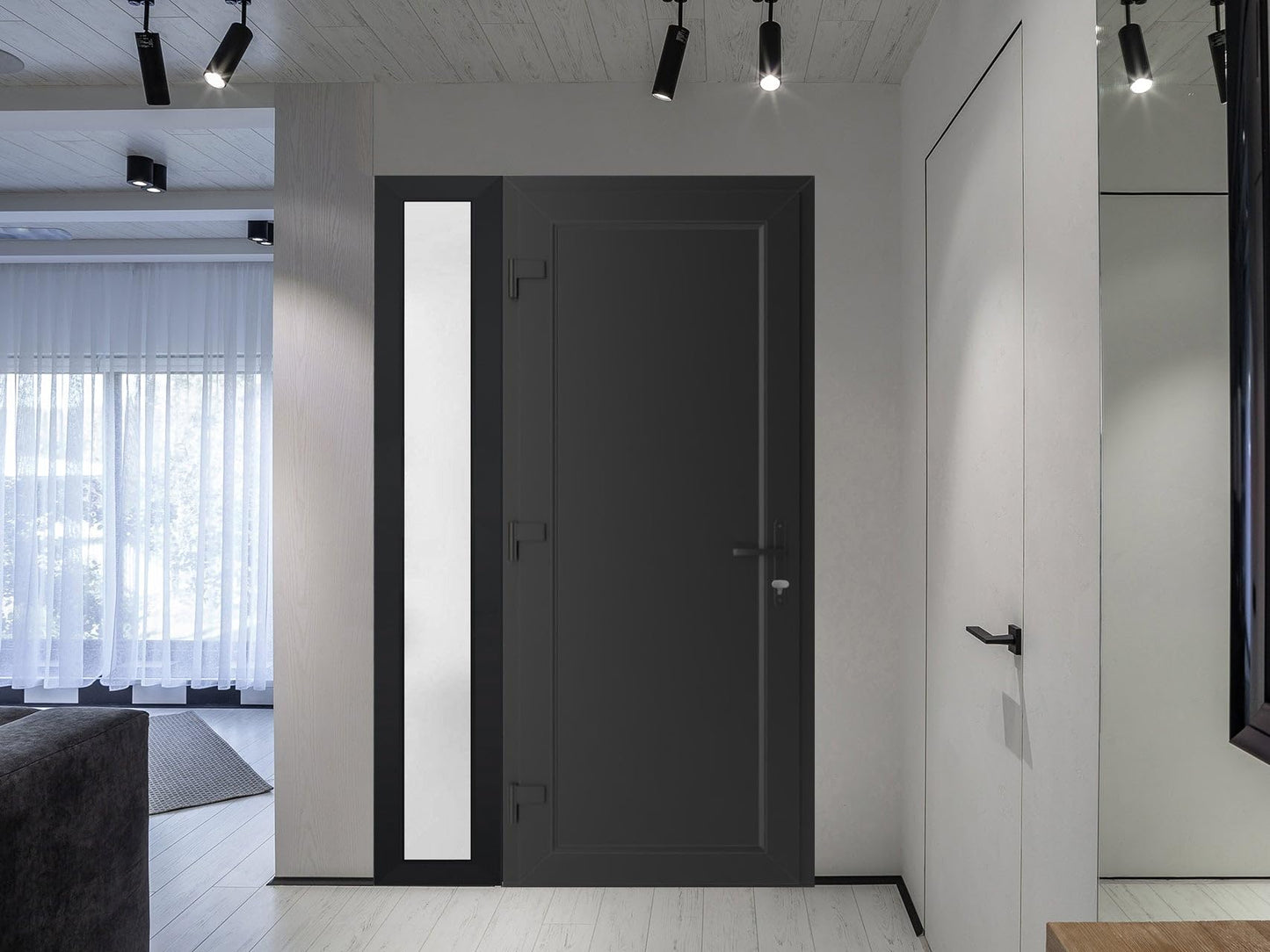 VDOMDOORS Front Exterior Prehung Metal-Plastic Door Frosted Glass | Manux 8111 Matte Black | Side Sidelite Transom | Residential Doors Entrance Patio Garage 50 x 80 (W36+14 x H80) Right-Inswing