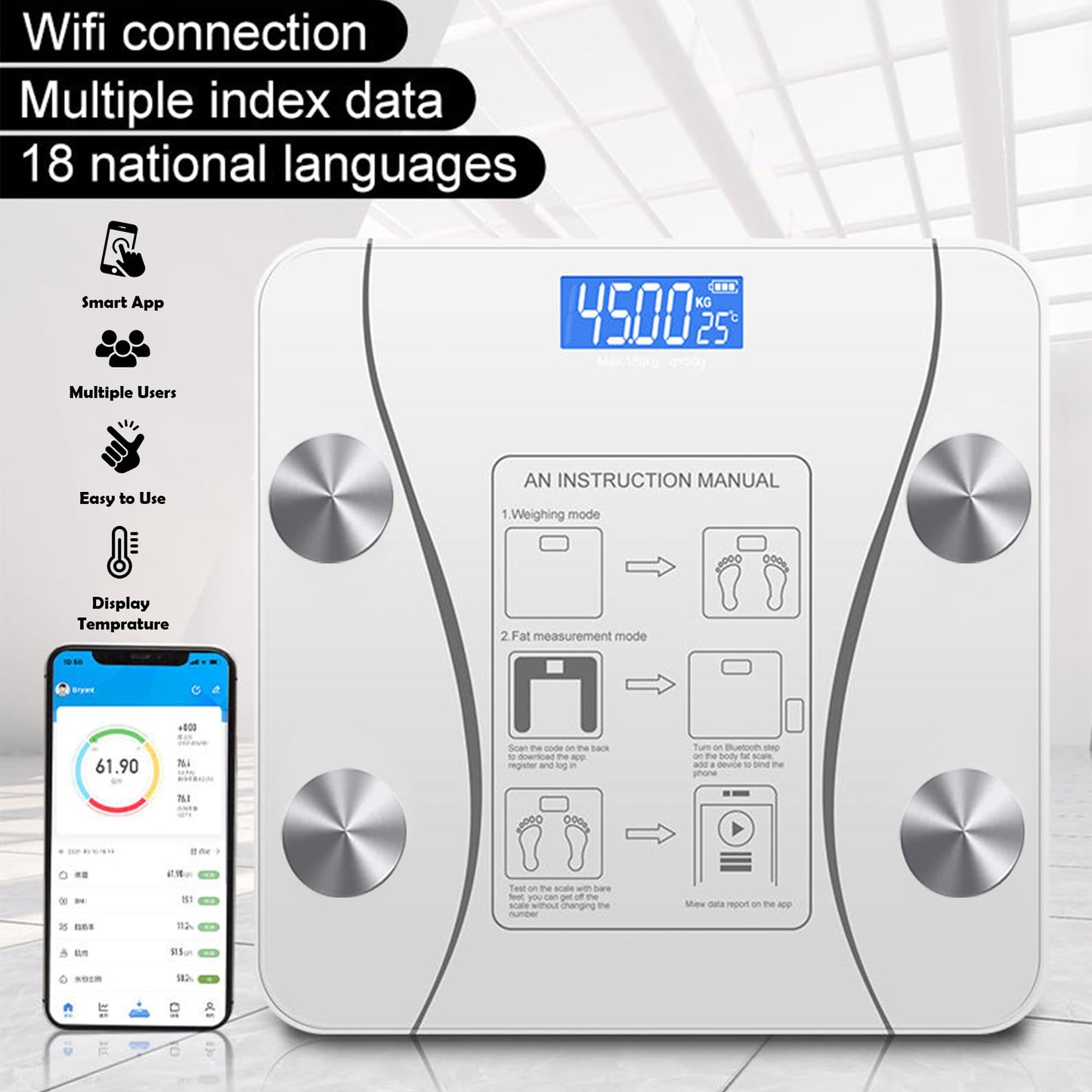 Smart Scale for Body Weight, Digital Bathroom Weighing Scale with Smart Sync App, BMI, Body Fat, Muscle Mass, Accurate Bluetooth Home User Health Equipment (White)