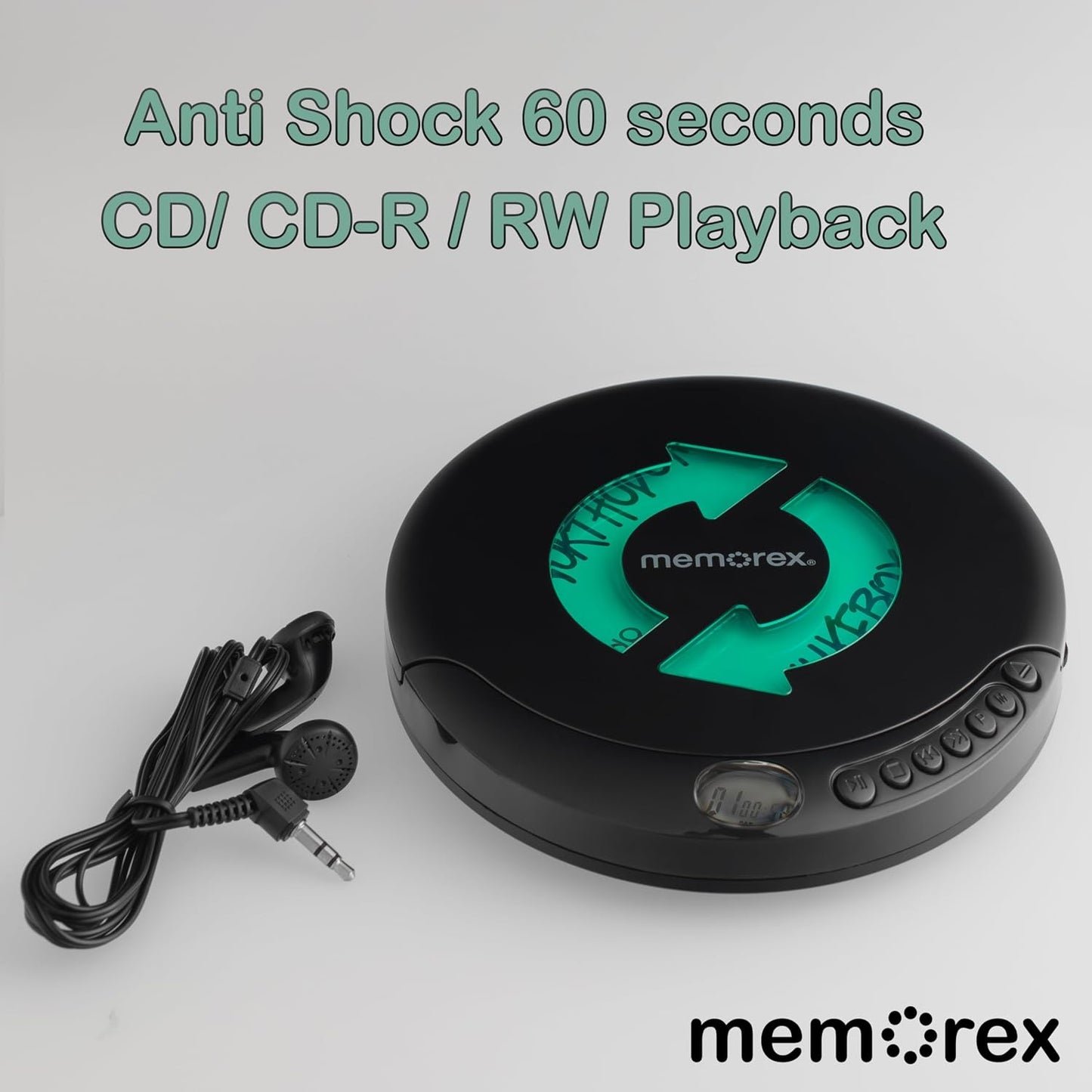Memorex MX-DM80 Portable CD Player | Compact Disc Player with Anti-Shock Technology | LCD Display, Stereo Earbuds, Low